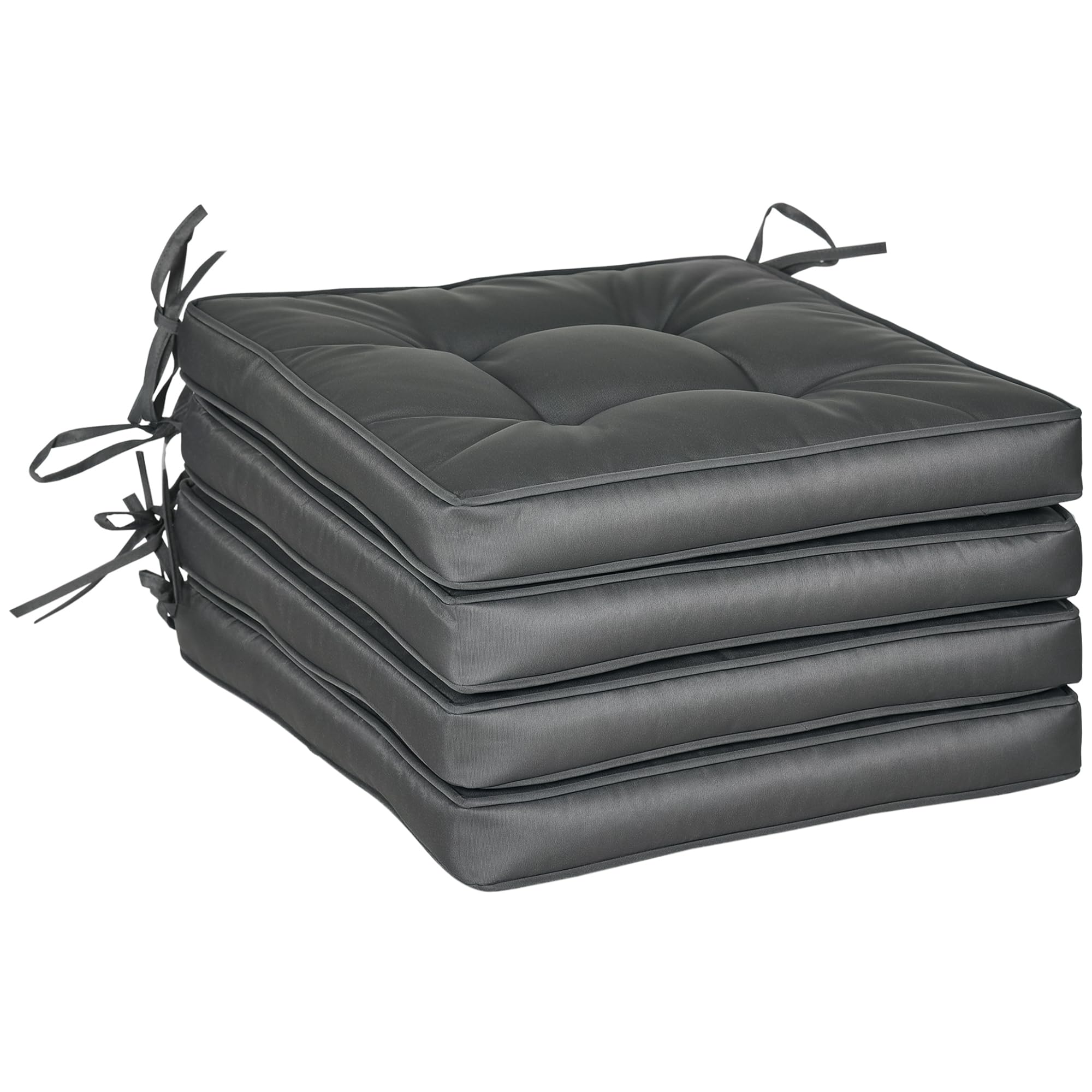 Outsunny Set of 4 Garden Seat Cushion with Ties, 42 x 42cm Replacement Dining Chair Seat Pad, Grey