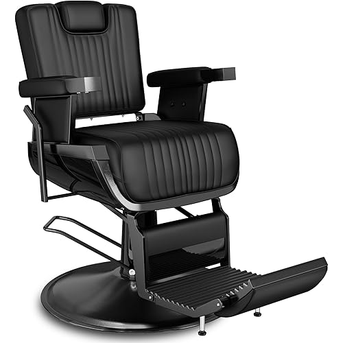 Baasha Professional Barber Chair, Vintage Barber Chairs, Reclining Salon Chair with Removable Headrest, Heavy-Duty Hydraulic Tattoo Chairs with Comfortable Seat Cushion, Black Salon Chair for Home