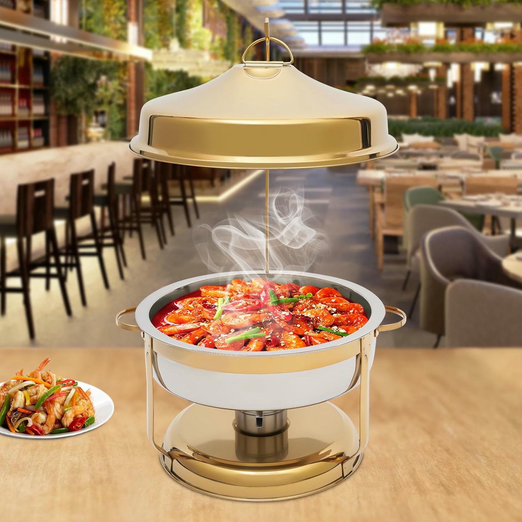 Juego de platos para bufé, calentador de alimentos redondo portátil de acero inoxidable con tapa, para restaurantes, catering, fiestas, color dorado