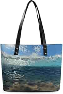 Leather Lady's Handbag,Blue Ocean Sea Wavy Seascape Print Shoulder