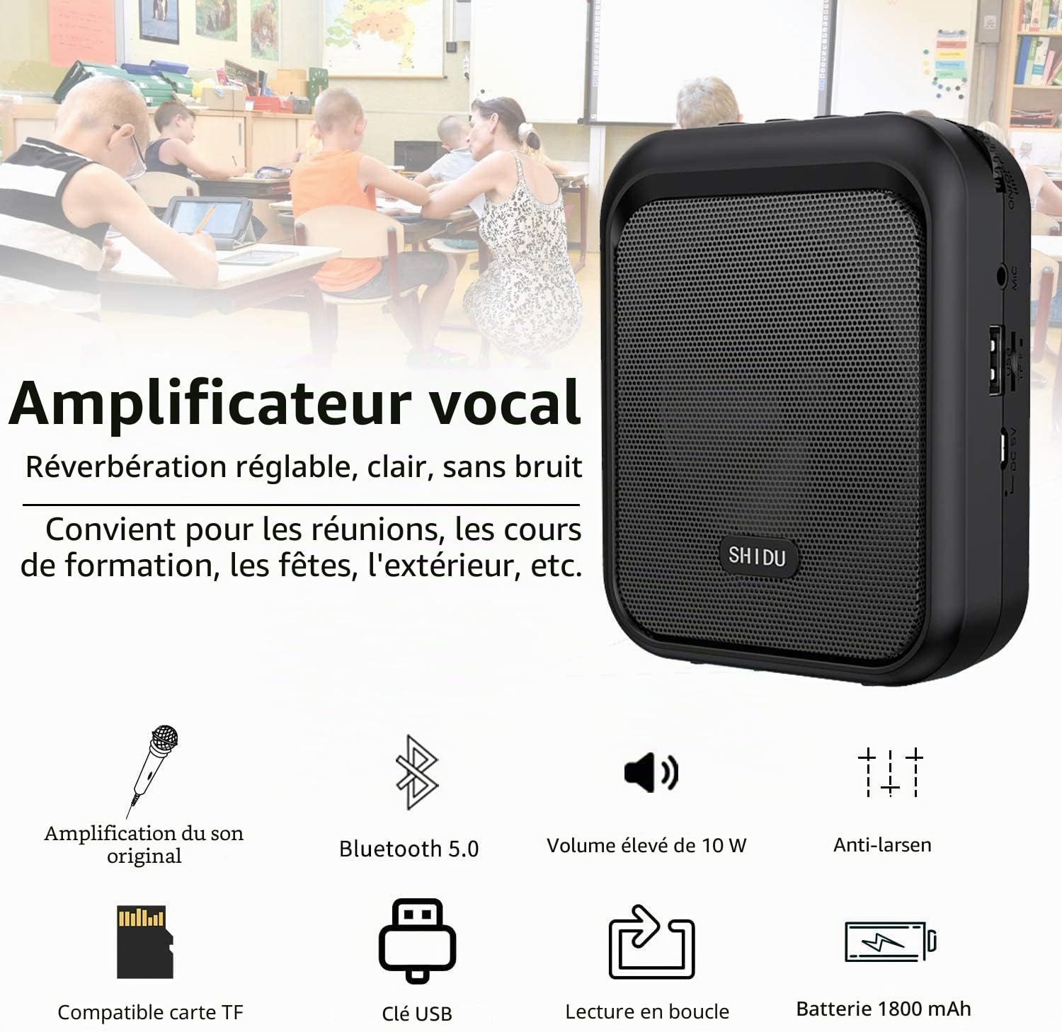 SHIDU mini haut-parleur Bluetooth portable rechargeable avec écouteur filaire 10W 1800mAh, convient aux enseignants, Conducteur de taxi, aux entraîneurs, à la formation, aux guides touristiques