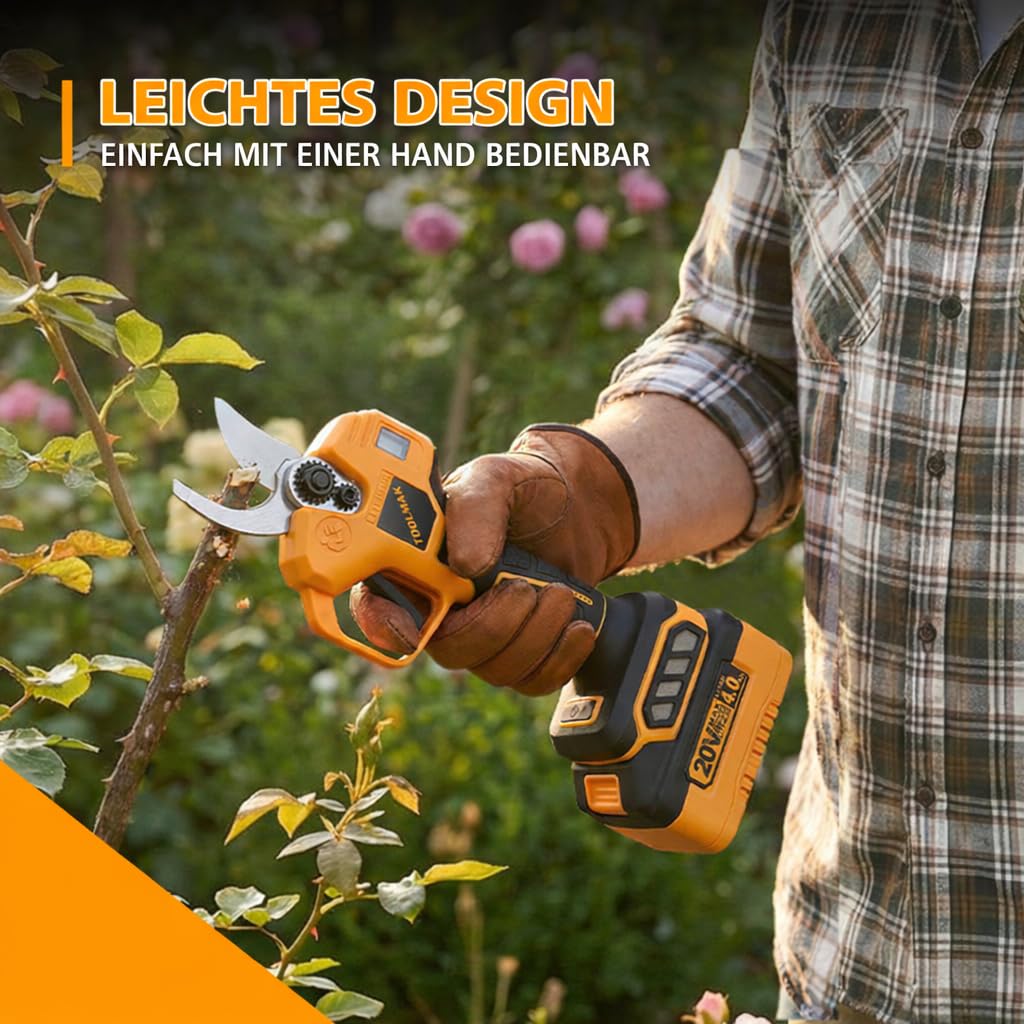 TOOLMAK Cesoia a Batteria da Potatura 20V Brushless Motore, Taglio 25 mm | Forbici Elettrica da Giardino Professionali per Vigneto, Batteria al Litio, Alberi da Frutto e Siepi （1 Batteria）