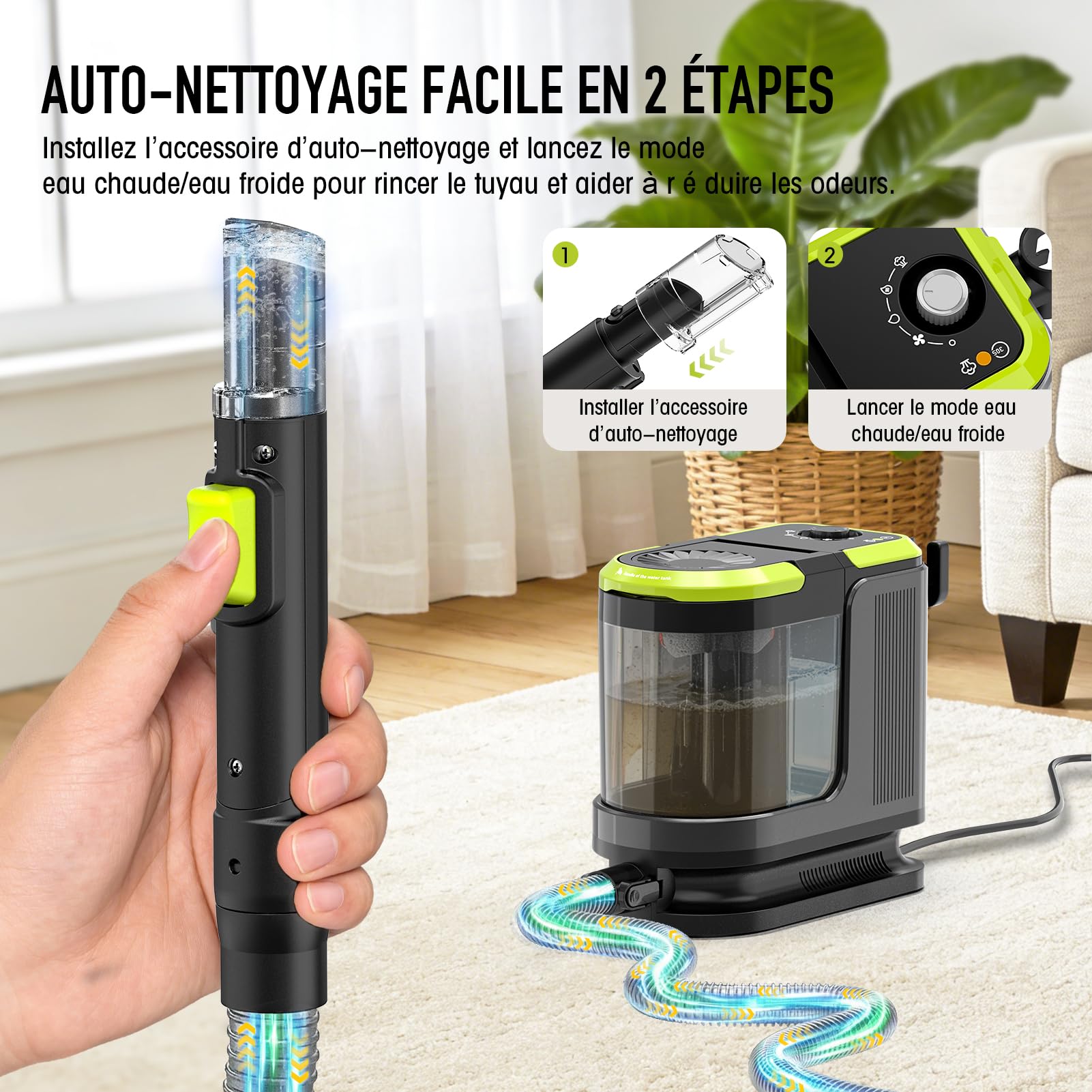 HYCHIKA Shampouineuse Canapé, Nettoyeur Canapé Tissu 1800W, 17 kPa Injecteur Extracteur Portable, avec Double Réservoir et Auto-Nettoyage, pour Tapis/Coussins/Sièges Auto, Familles Animaux