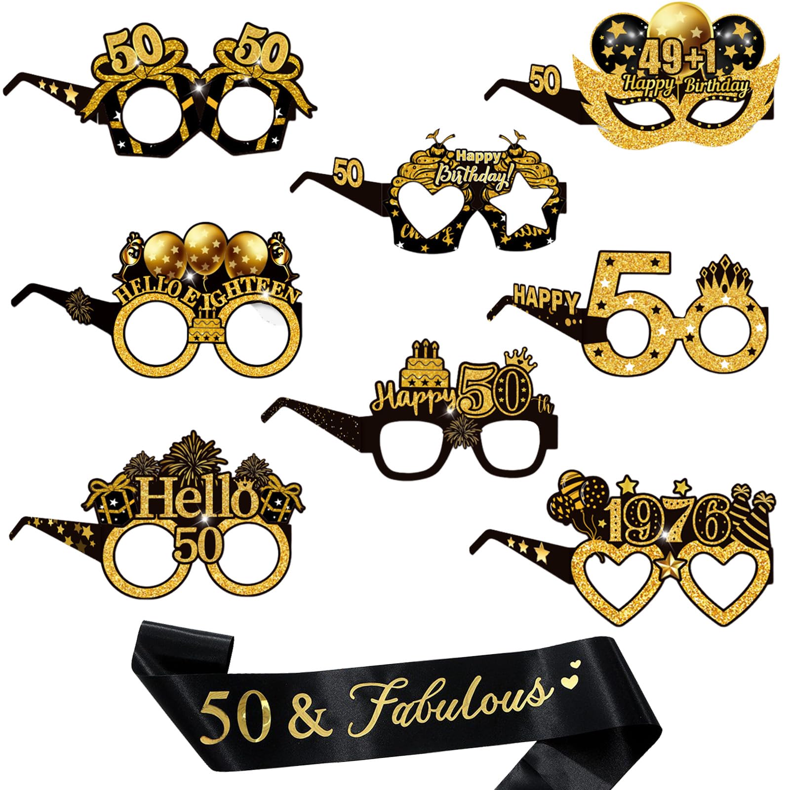 50th Birthday Party Glasses, 16PCS Party Eyeglasses+1 Sash Black, 50th Birthday Decorations Supplies Photo Booth Props for Men & Women