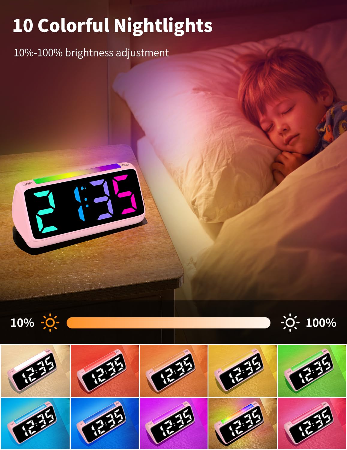 Alarm Clocks Bedside, Digital Clock for Bedroom Kids Alarm Clock with RGB Nightlight, Large Digits - Image 2