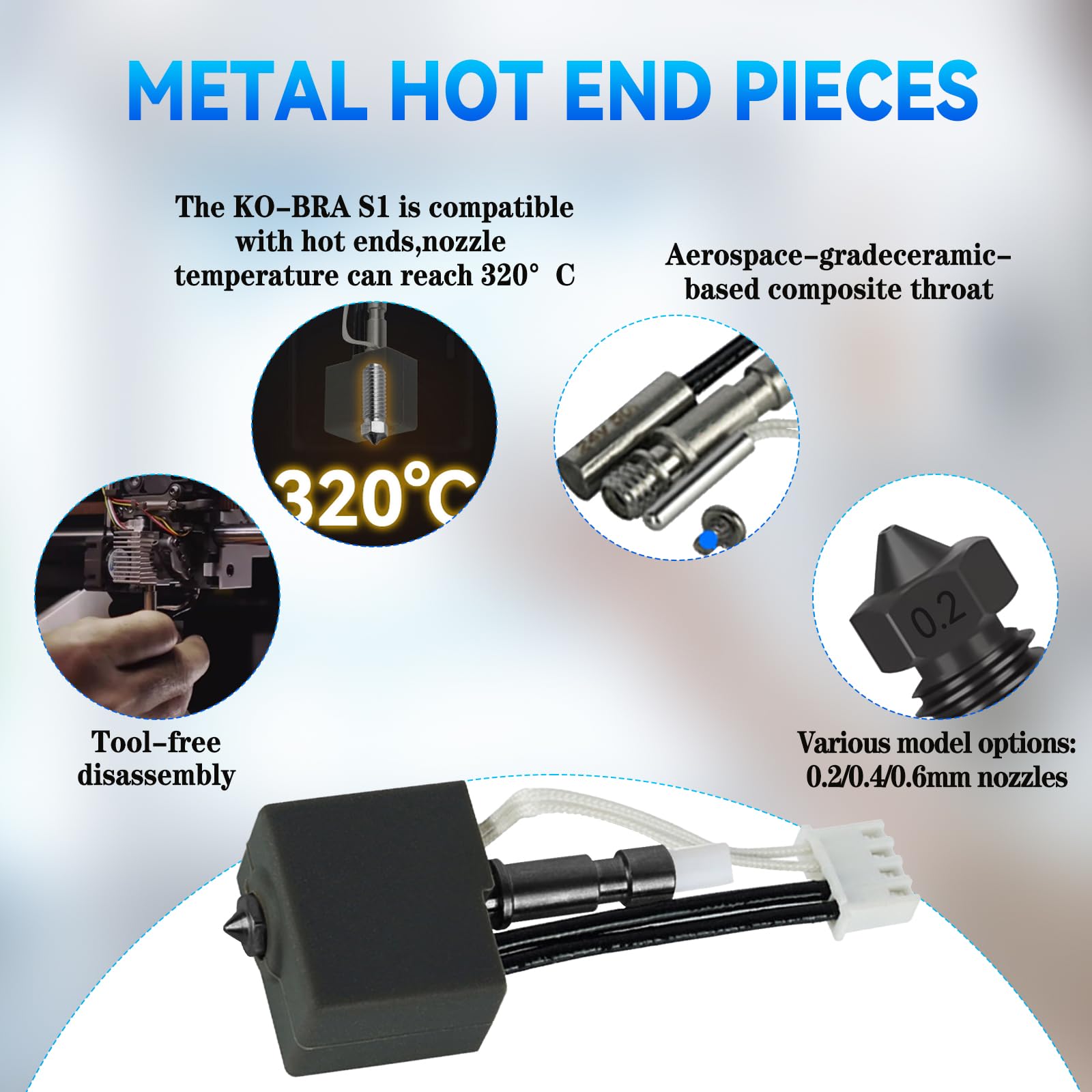 Kit Hotend 0,2 mm/0,4 mm/0,6 mm per Kobra S1 Combo, estrusore con testa di stampa in acciaio inossidabile, kit con blocco riscaldante, thermistor, ugello in acciaio temprato per Anycubic Kobra S1/ACE
