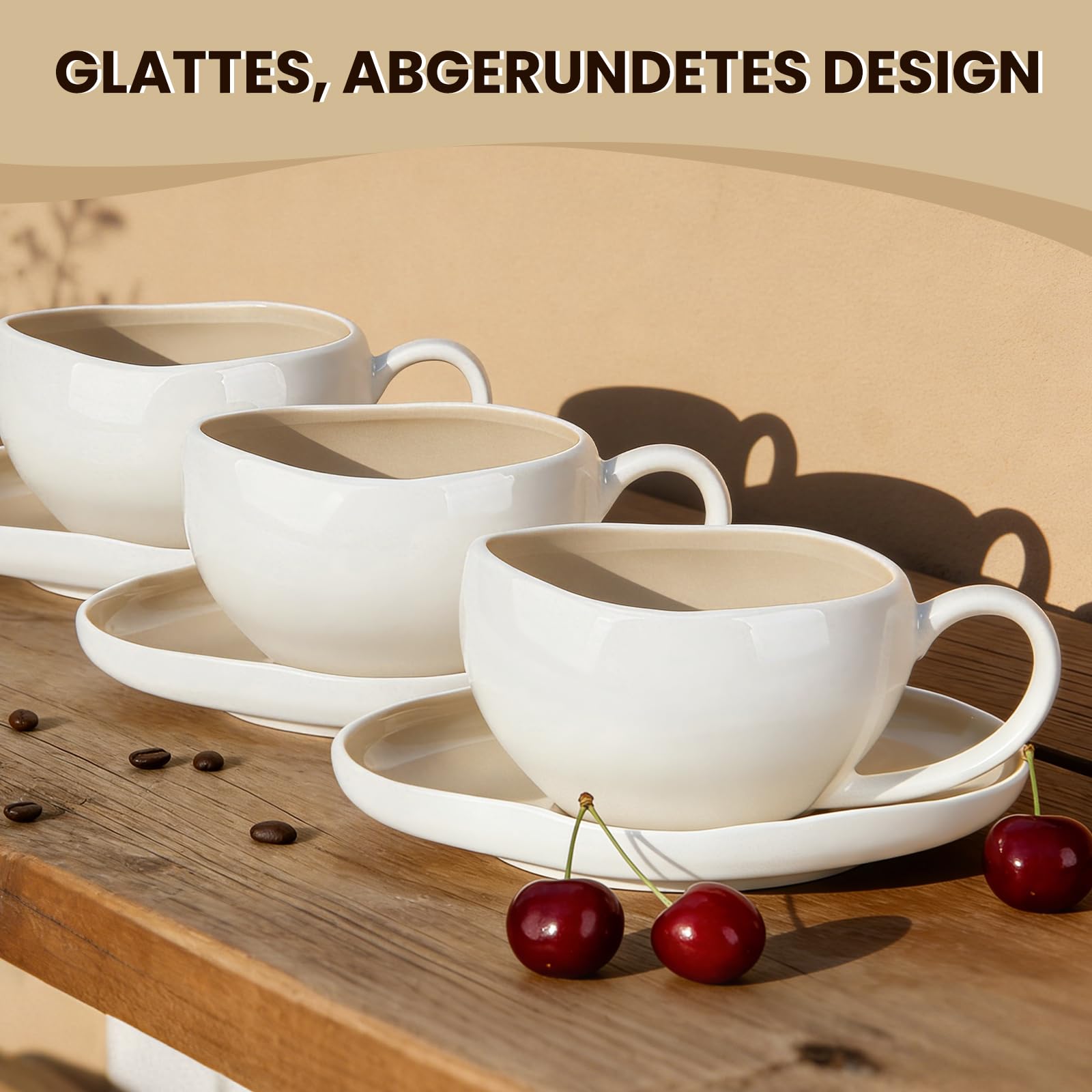 Filiżanki do cappuccino, filiżanki do kawy 200 ml, ze spodkami, serwis do kawy 6 osób, zestaw filiżanek do cappuccino, ceramiczne kubki do kawy, cappuccino, latte, americano i herbaty, jasnobeżowy