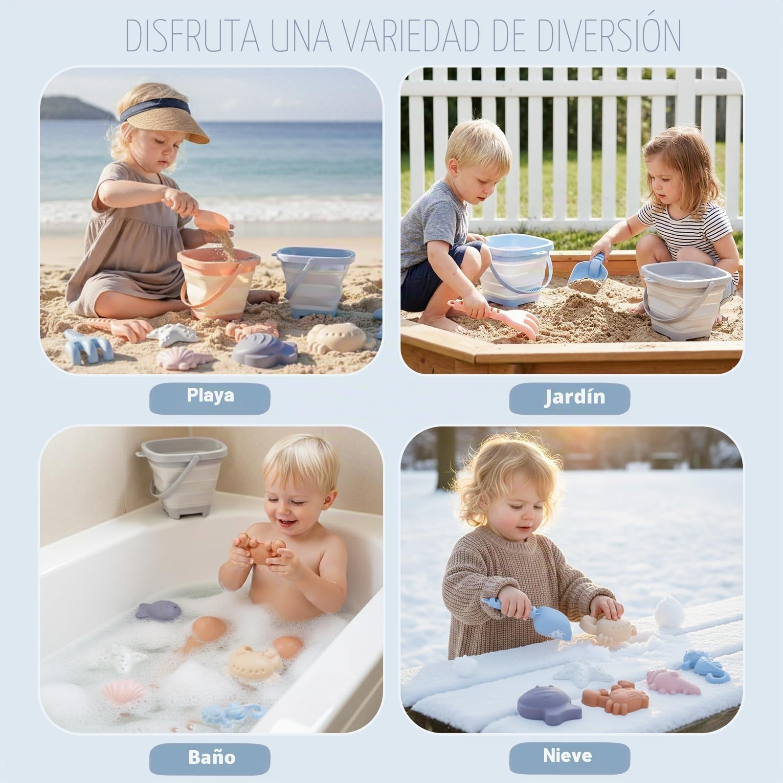 Dreamon Juguetes de Playa para Niños Bebe, 18 Piezas Juguetes de Arena con Cubo Playa Plegable Palas Rastrillo Moldes de Arena, Juguete Playa para Niños Niñas 3 4 5 (Azul, Naranja, Gris)