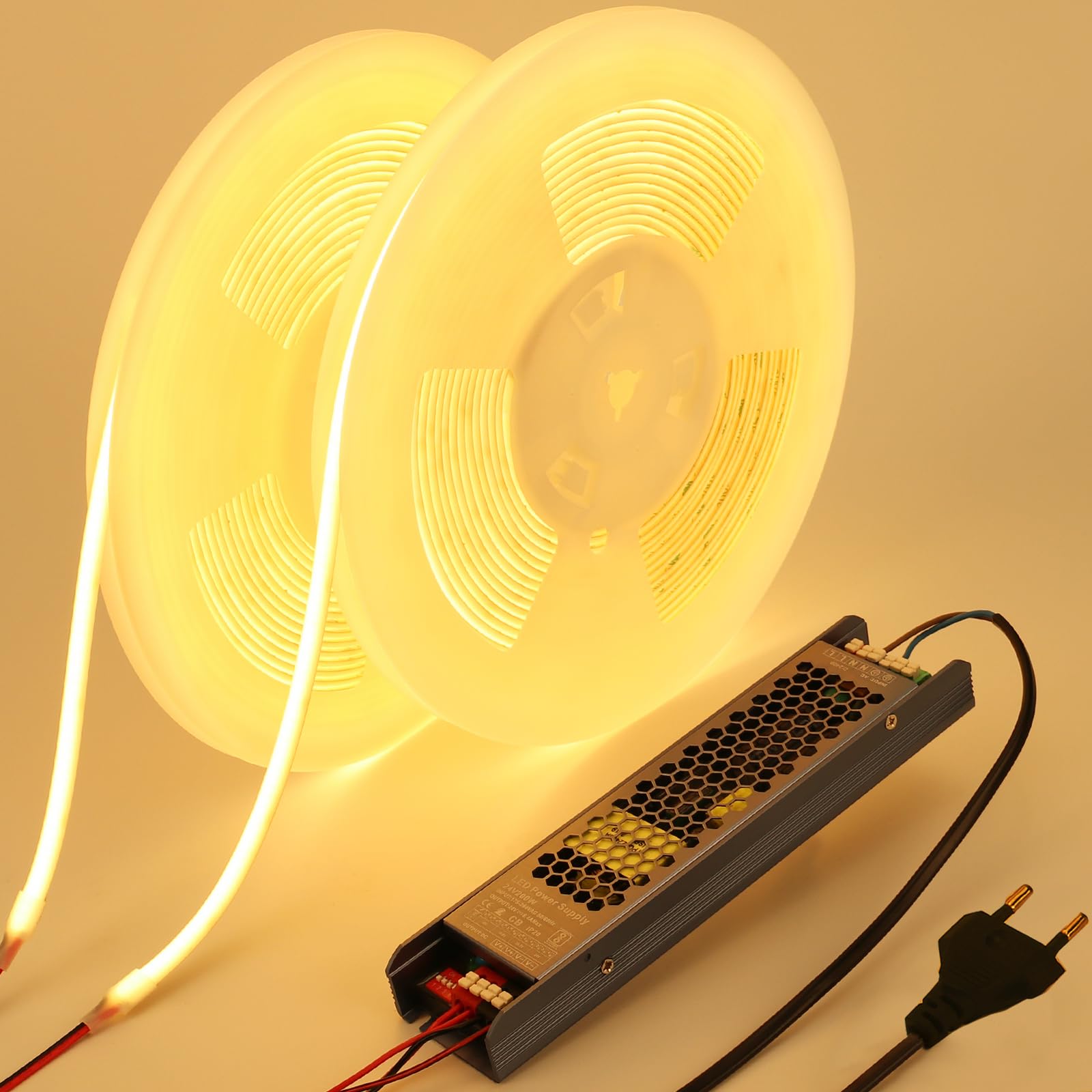 BENLUN Tira LED COB Difusa Exterior Impermeable 24V CRI 93 20 Metros Kit | 3000K Blanco Cálido Luces LED Flexible Adhesiva 160W IP65 con Transformador para Habitacion, Patio, Jardín, 10 Metros x 2