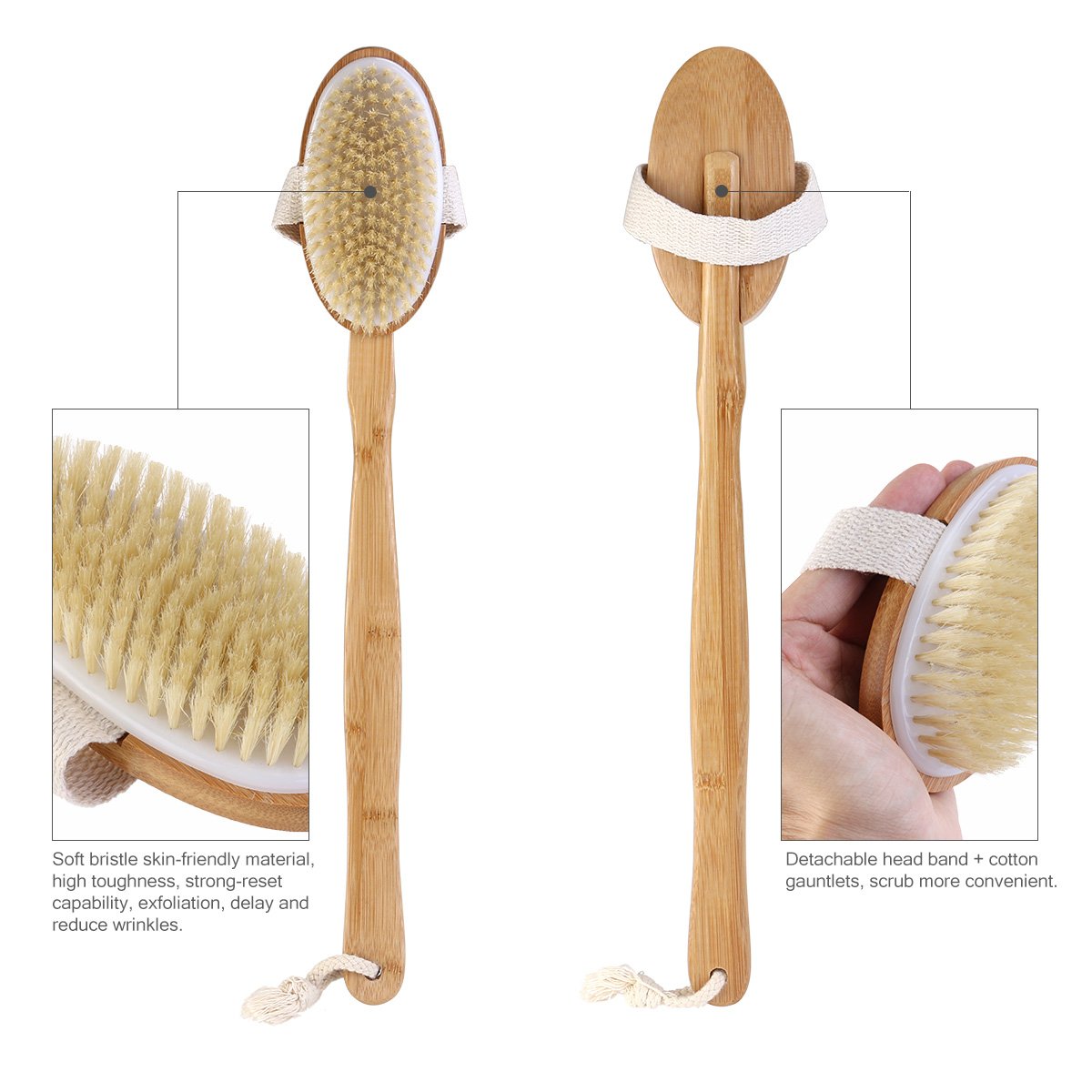 Cepillo corporal Premium de cerdas naturales de jabalí, cepillo de fregar con mango largo y cabezal desmontable for exfoliar y reducir la celulitis/498