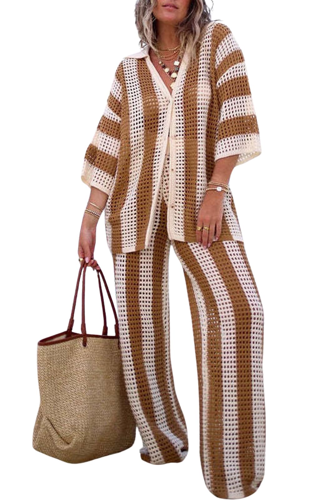 loveimgs Womens Summer 2 Piece Crochet Knit Outfit Striped Short Sleeve Button Shirt Hollow Out Wide Leg Pants
