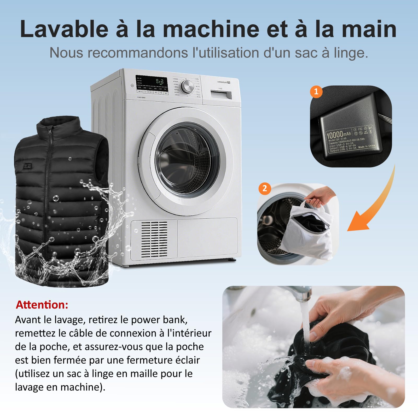 Seenlast Veste Chauffante Femme avec Batterie 10000mAh 5V, Chauffage 4 Zones 3 Niveaux, Lavable en Machine