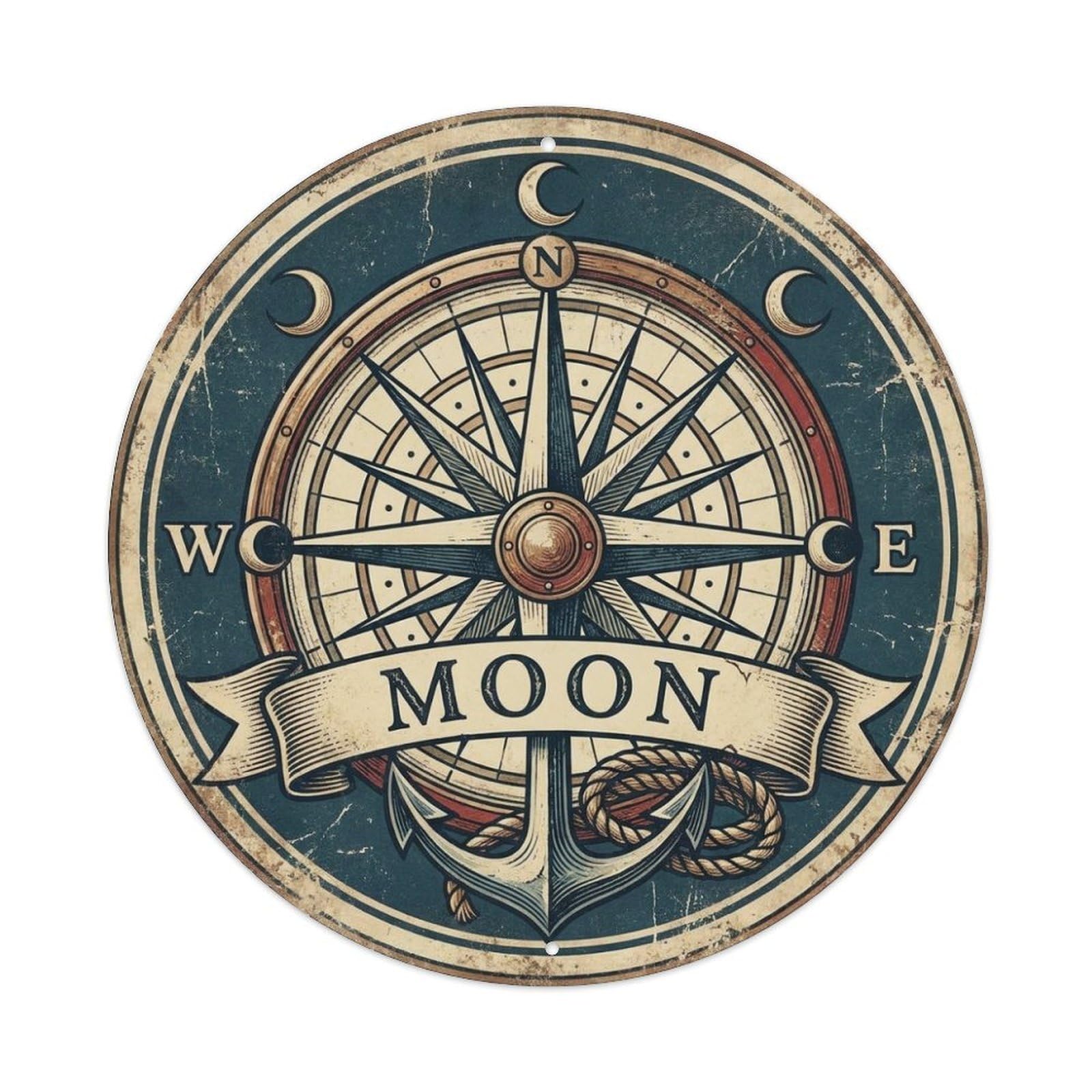 Moon Compass Rose Anchor Rope Seafaring Mark Metal Tin Sign