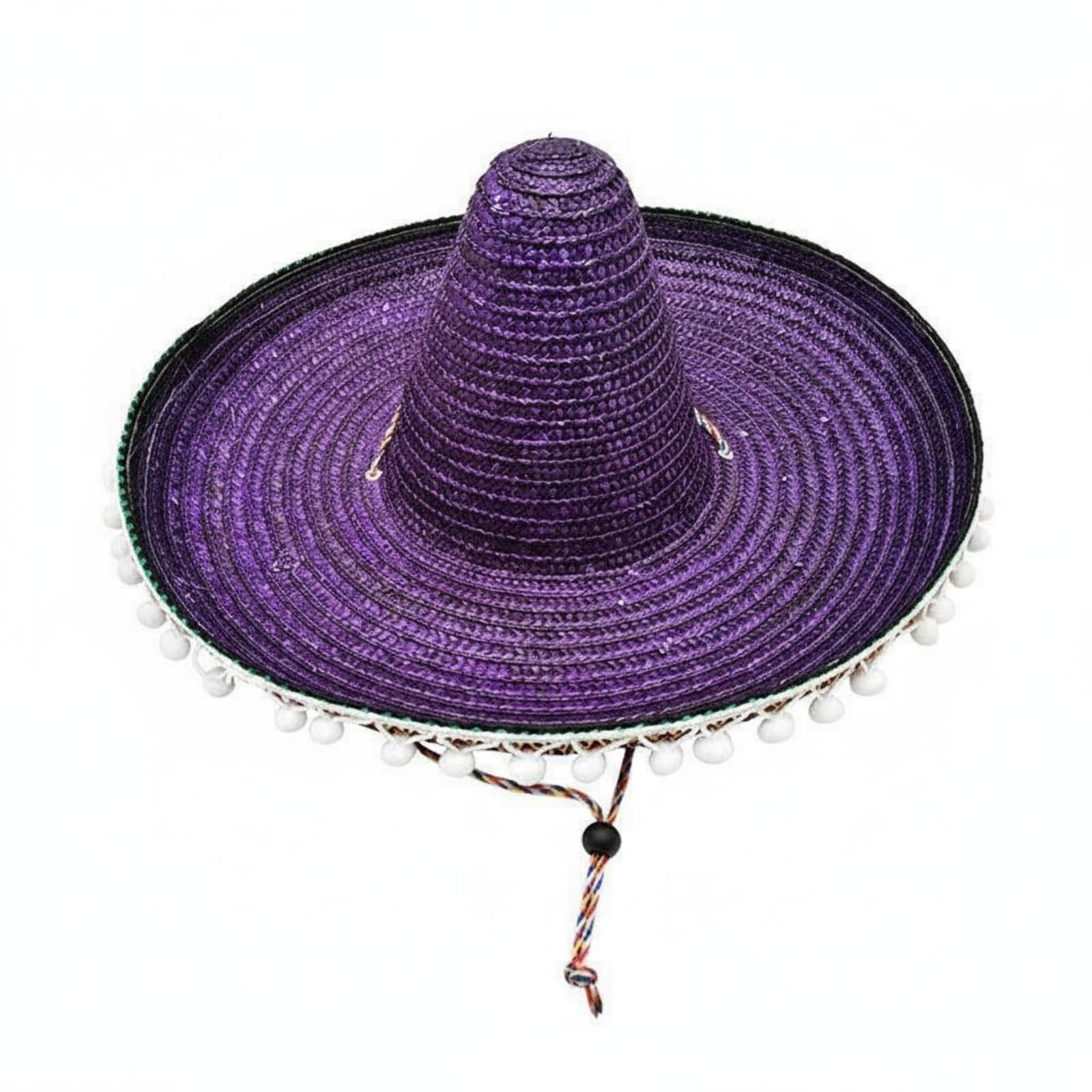 kowaku Mexican Hat Straw Sombreros with Attached White Pom Poms, Purple