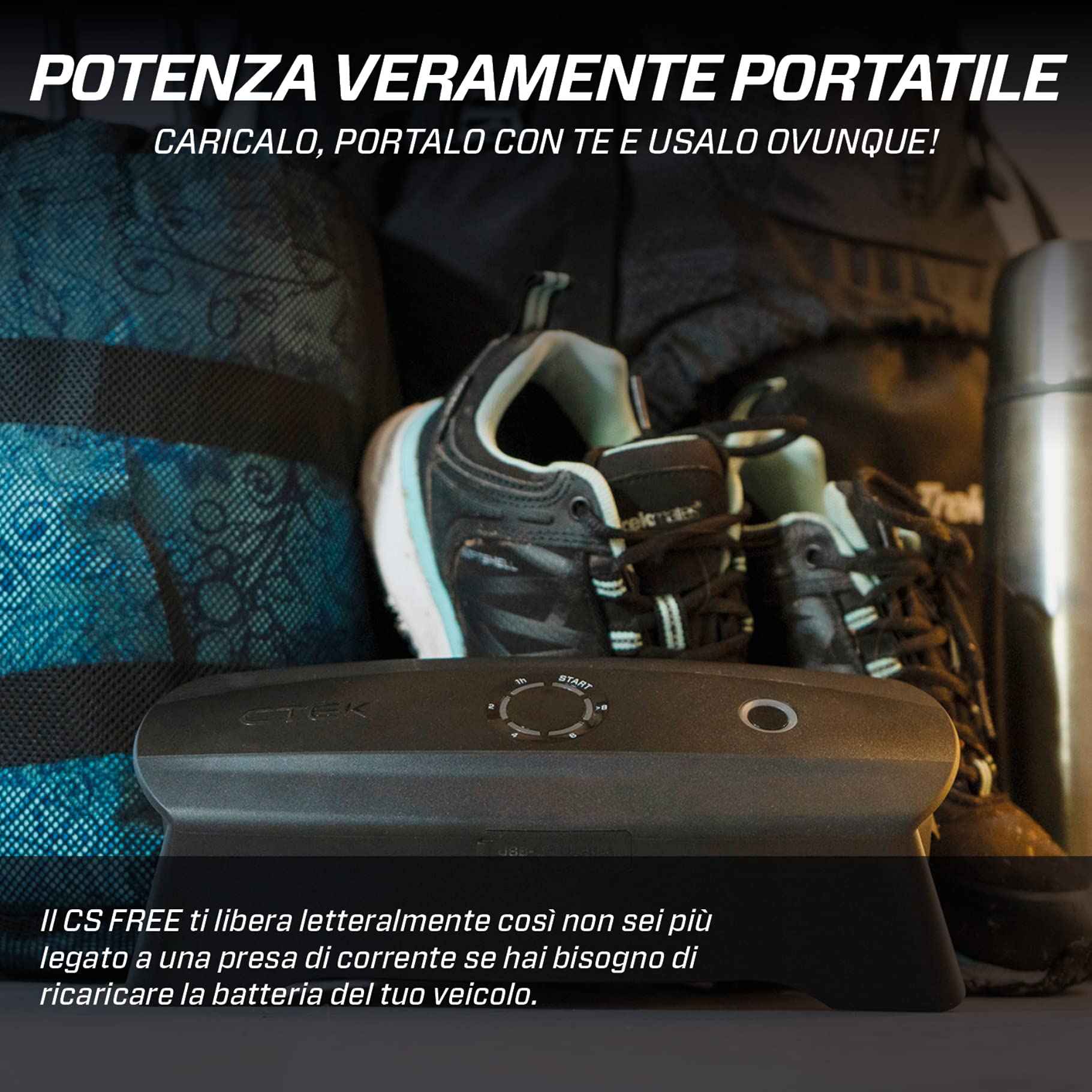 CTEK CS FREE, Avviatore di emergenza alternativo da 12 V, Booster adattivo, Mantenitore di batteria intelligente, Caricabatterie portatile 4 in 1, Caricatore solare per auto, telefono, computer