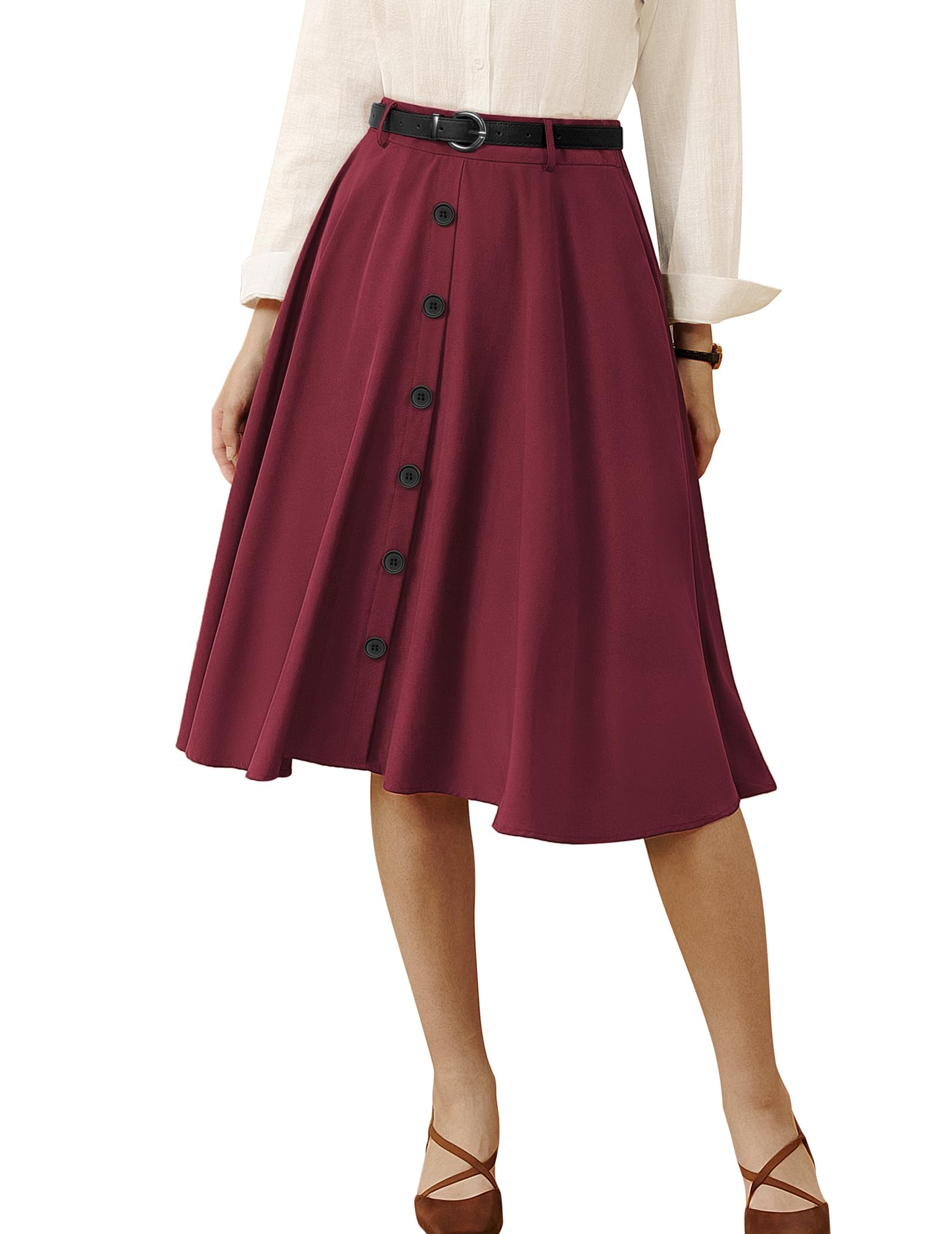 Belle Poque Womens Vintage Skirt High Waisted A Line Flared Midi Skirt with Belts