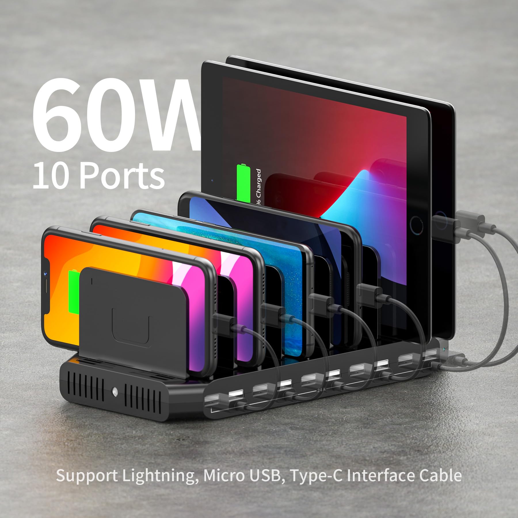 Unitek - Estación de Carga (60 W, 10 Puertos, estación de Carga USB, multidispositivo, con separadores Ajustables y SmartIC, Compatible con teléfono, Tableta y más