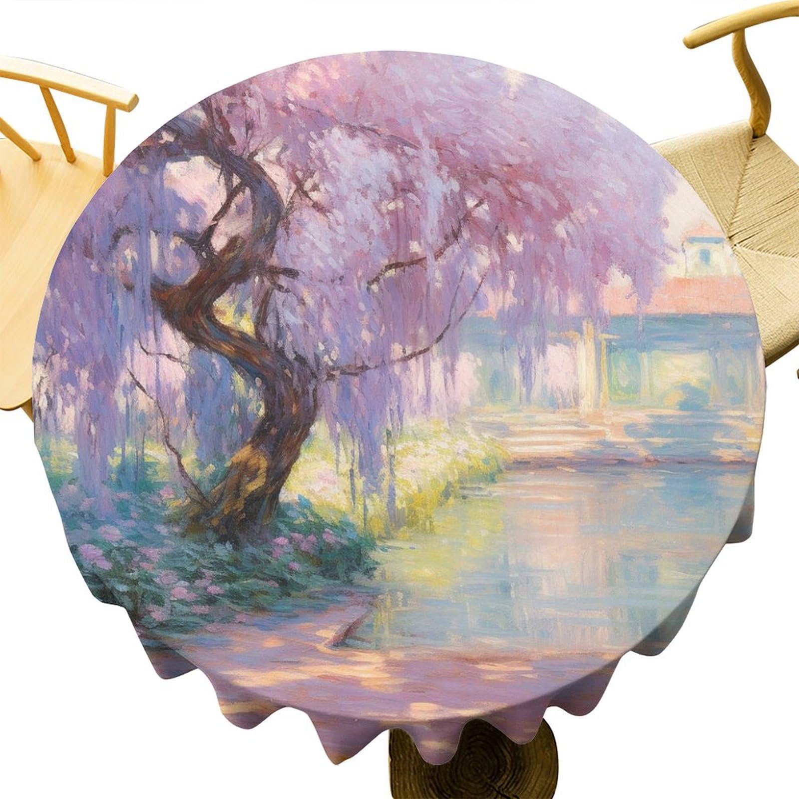 DEBAOKA Beautiful Garden Round Tablecloth, Watercolor Tree Lavender Landscape Reusable Circle Table Cloths Heat Stain Resistant Table Cover for Dining Kitchen Indoor Outdoor Party Decoration 36"