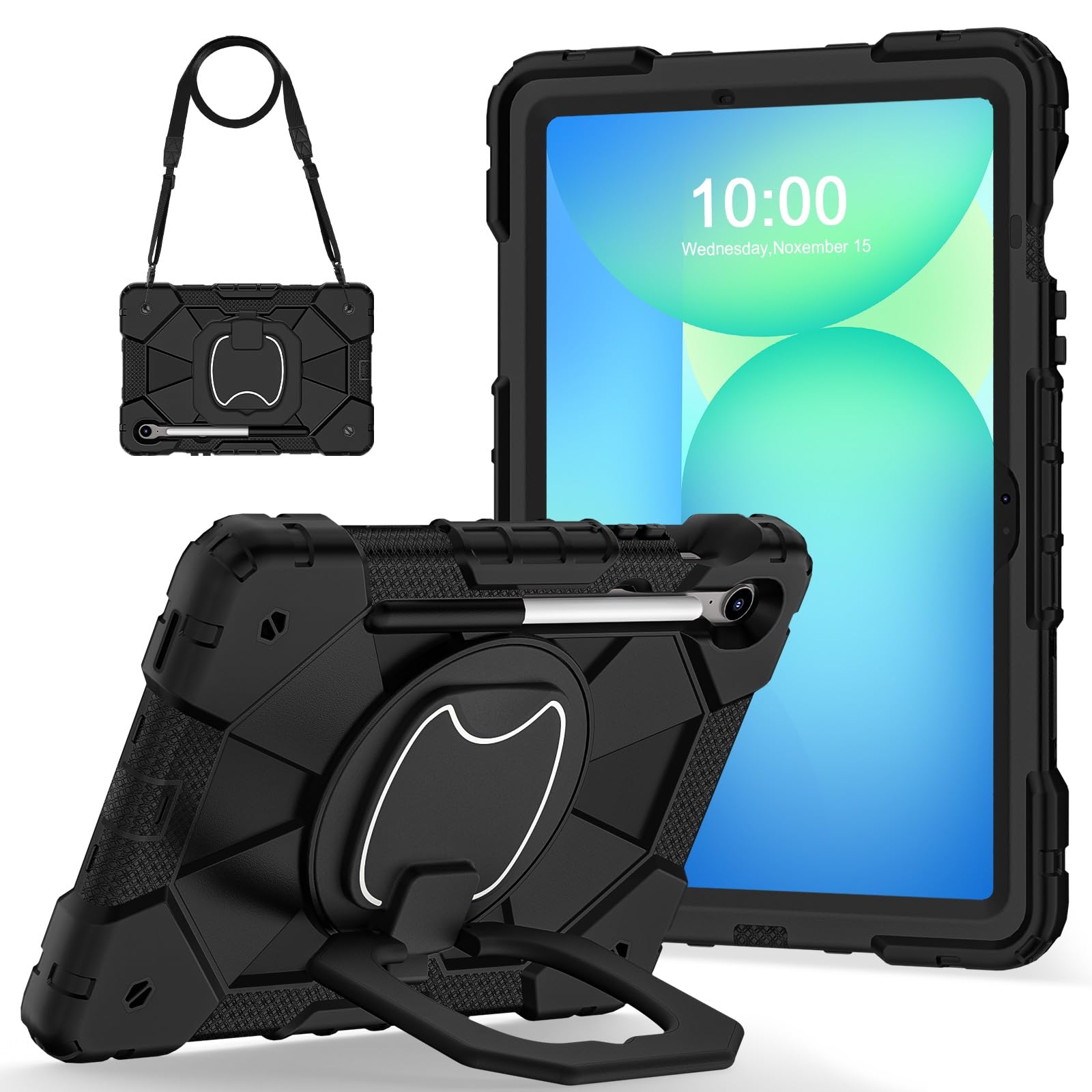 Etui do Samsung Galaxy Tab S10 Lite (2025) 10,9 cala SM-X400/X406B, wytrzymałe, odporne na wstrząsy, etui ochronne z obrotową podstawką 360° + pasek rękę + ramię(Noir)