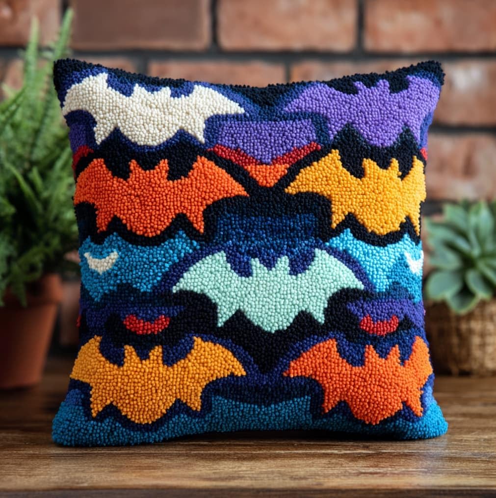 Taxpy DIY Latch Hook Pillow Kit Pre-Printed Hook and Latch Rug Kits Bat 17X17 Inch.Cross-Stitch Embroidery Cushion Cover for Home Sofa Decoration