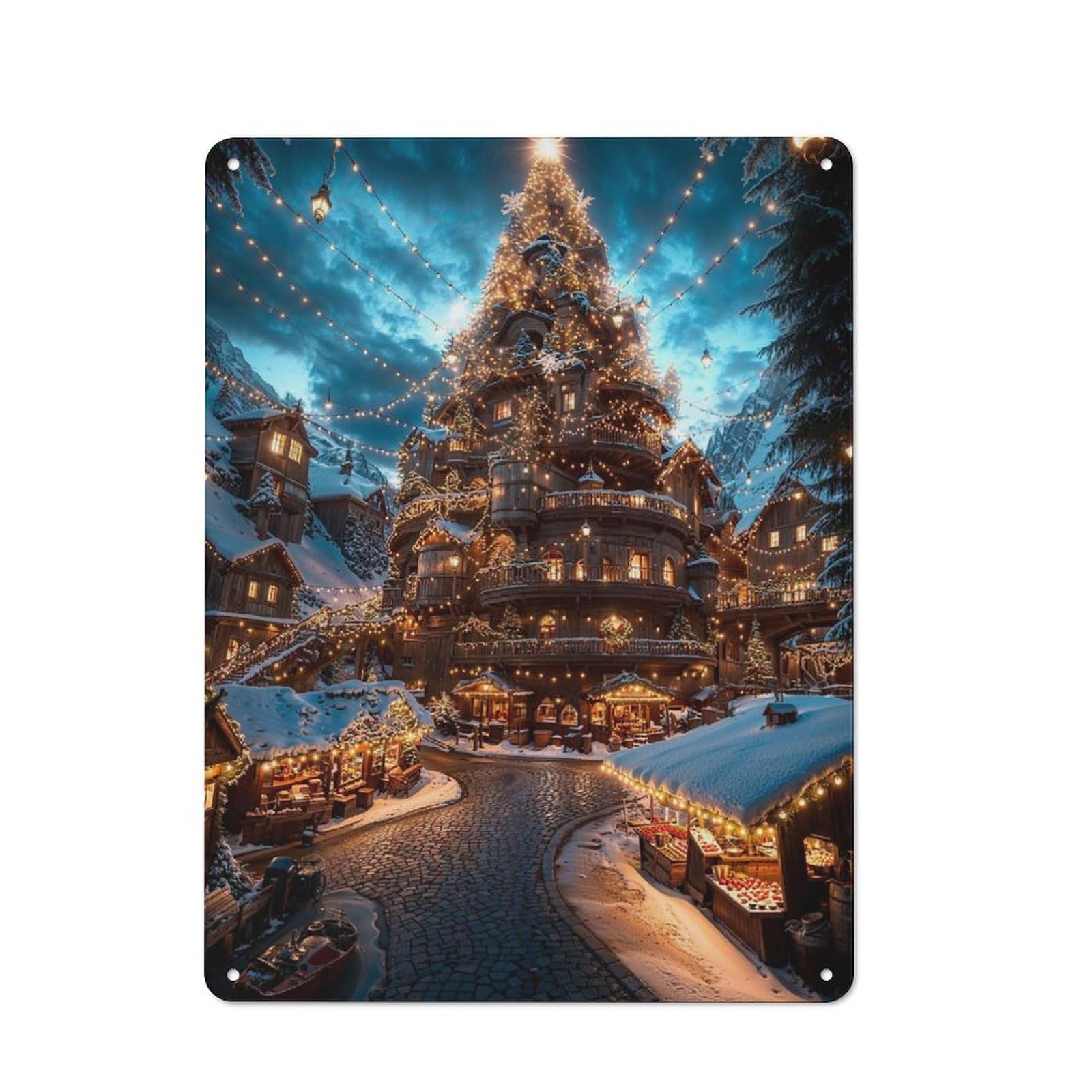 Junmoney Enchanted Christmas Village Retro Tin Wall Plaque 40X30cm For Dining Room Or Kitchen, For Home Decor Collectors