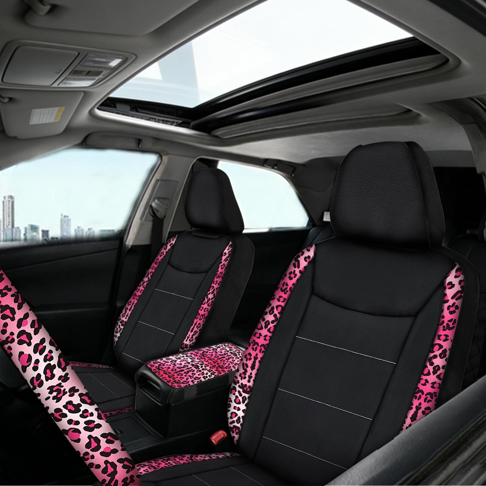 Set completo di 23 coprisedili per auto da donna, universali, con stampa, coprivolante, console centrale, accessori per occhiali da sole, SUV (stampa leopardata rosa)