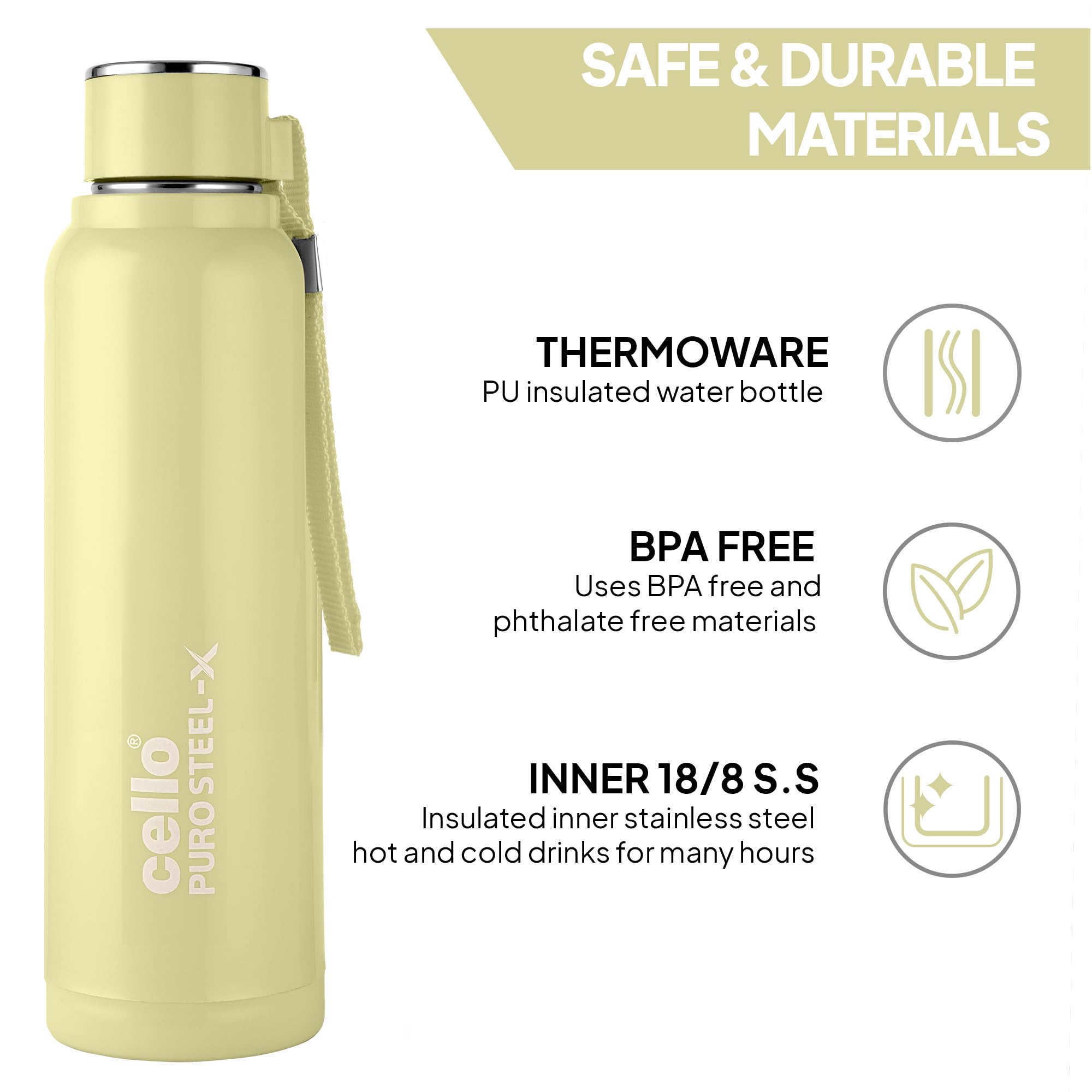 Cello Puro Steel-X Benz 900 PU Insulated Water Bottle 900 ml, Green | BPA Free, Leakproof, ISI Certified |Hot & Cold Bottle for Gym, Office, College, Travel, Camping, Indoor & Outdoor Sports & Yoga 1