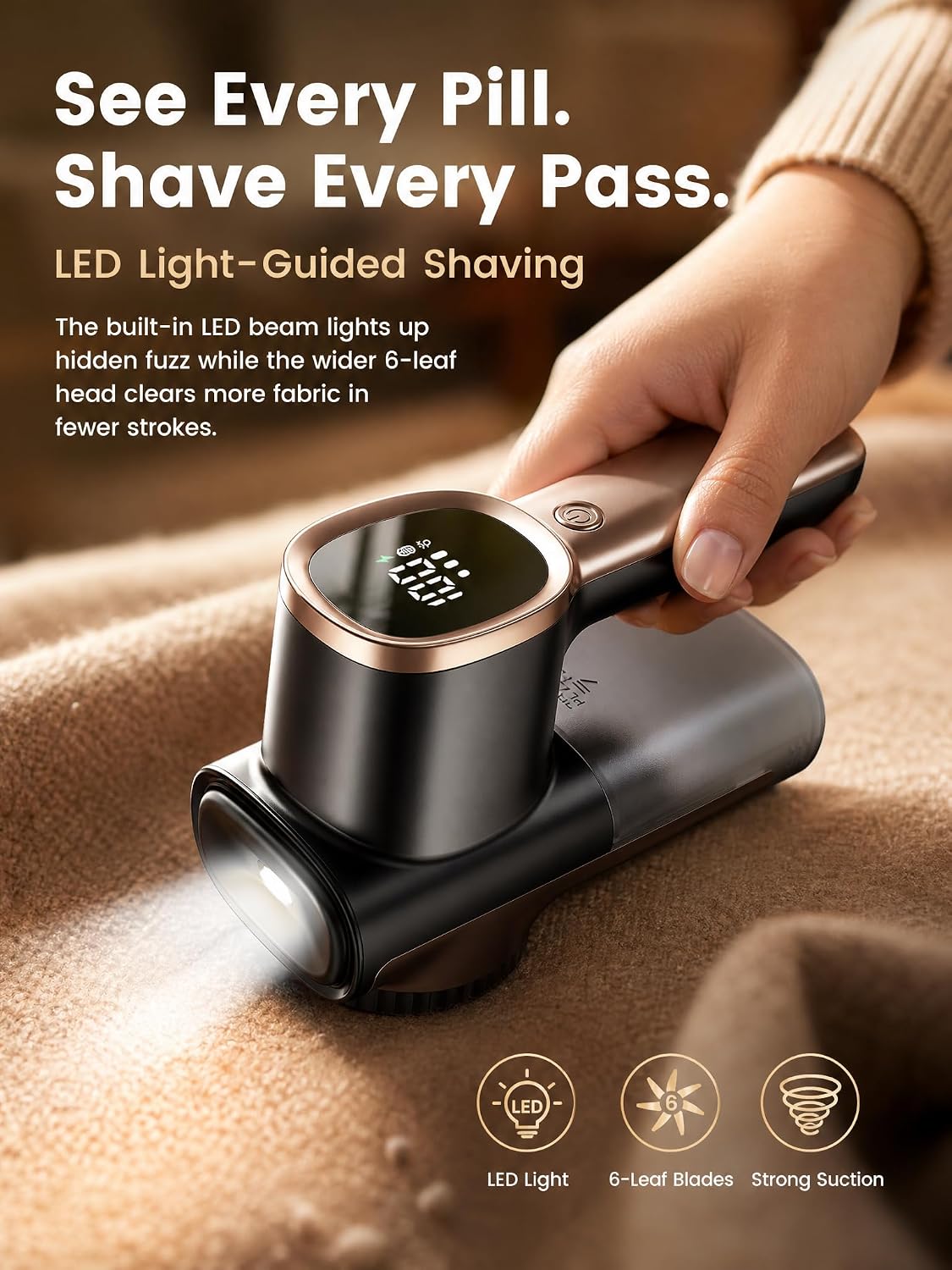 Fabric Shaver, Lint Remover with 1800mAh Battery & LED Light-Guided Shaving, Rechargeable Sweater Defuzzer with 6-Leaf Blades & 3 Speeds for Furniture, Couch, Upholstery, Blankets & Plush Toys image 3
