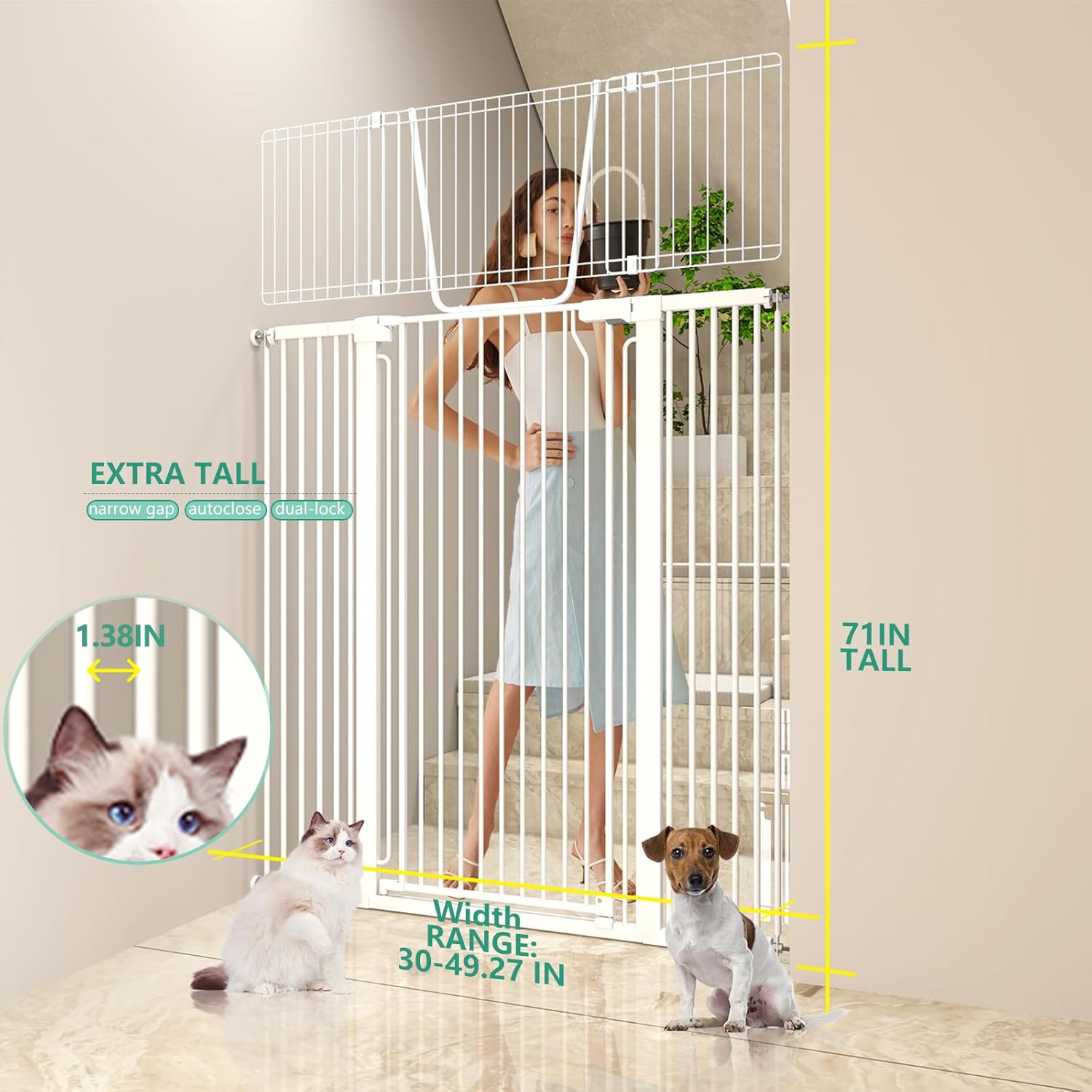 71" Extra Tall Cat Gate for Doorway – 30"-49.27" Extra Wide Pet Gate with Adjustable Cat Door Wide,Auto Close, Pressure Mounted, Pet Gate for Cats & Small Dogs, Hallway, Stairs, Kitchen