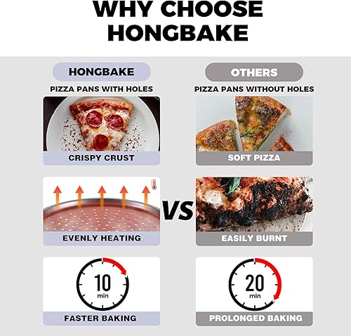 Miniatura 3 de HONGBAKE Sartén para pizza de 14 pulgadas con agujeros, paquete de 2 sartenes antiadherentes para horno, bandeja de pizza perforada de acero al