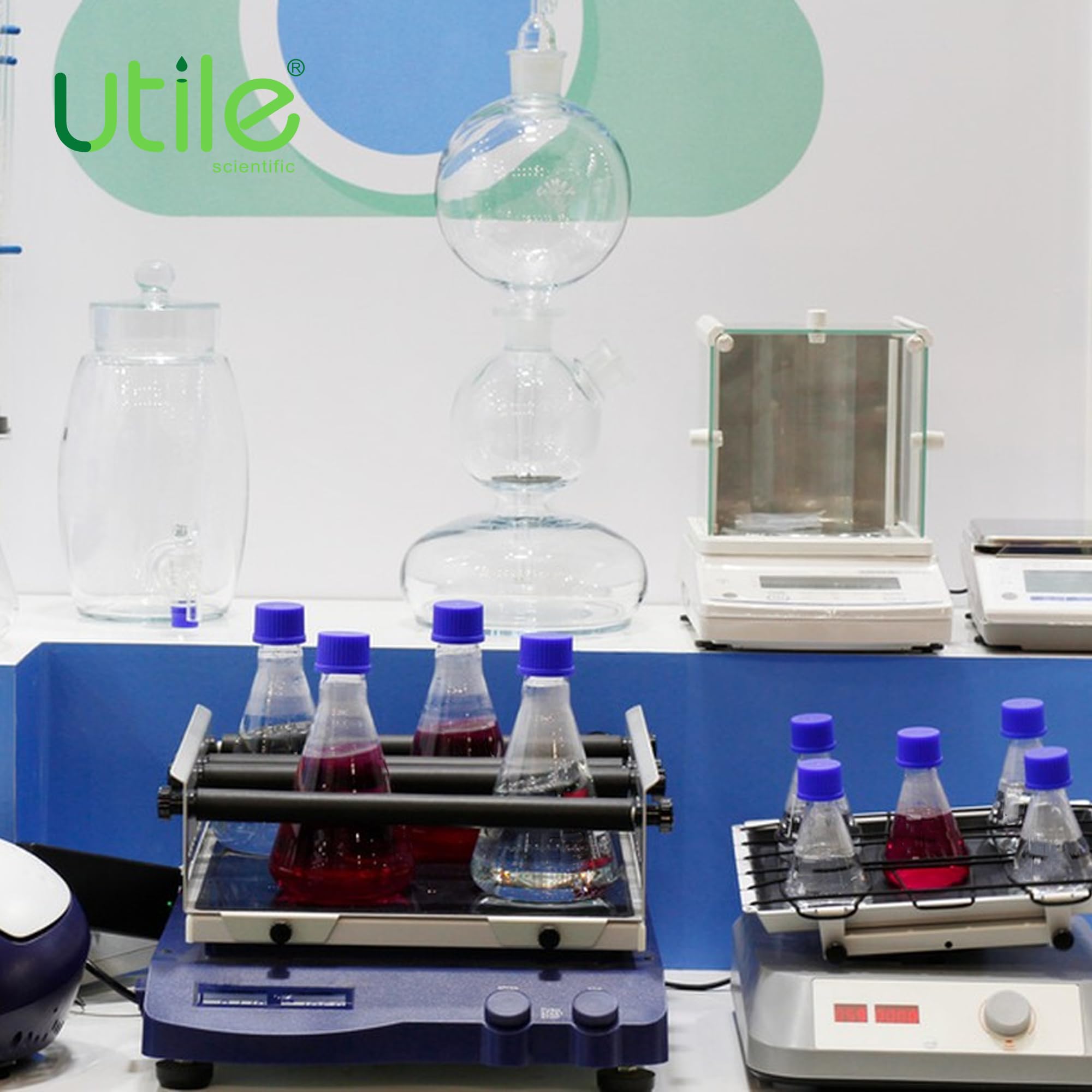Utile 2 frascos Erlenmeyer de vidrio de 1000 ml con tapa azul, frascos Erlenmeyer de boca estrecha, frasco cónico de vidrio borosilicato 3.3 para experimentos de laboratorio y ciencia química,