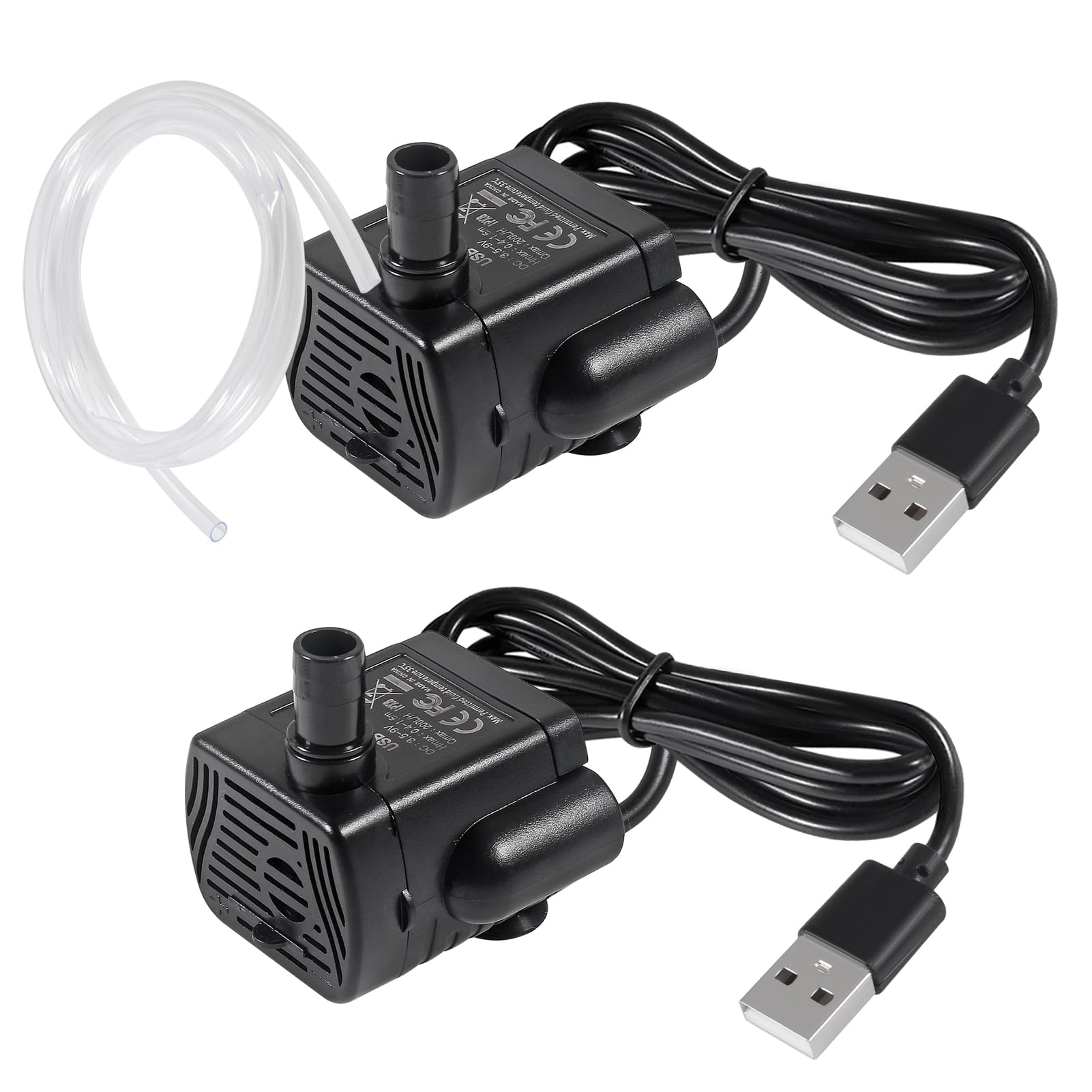 DWEII - 2 x DC 3.5-9V USB 3W 200L/H Submersible Water Pump with 6.5ft Tube for Aquariums, Fish Tanks, Pond Fountain, Indoor Fountains, Statuary, Hydroponics, Water Function