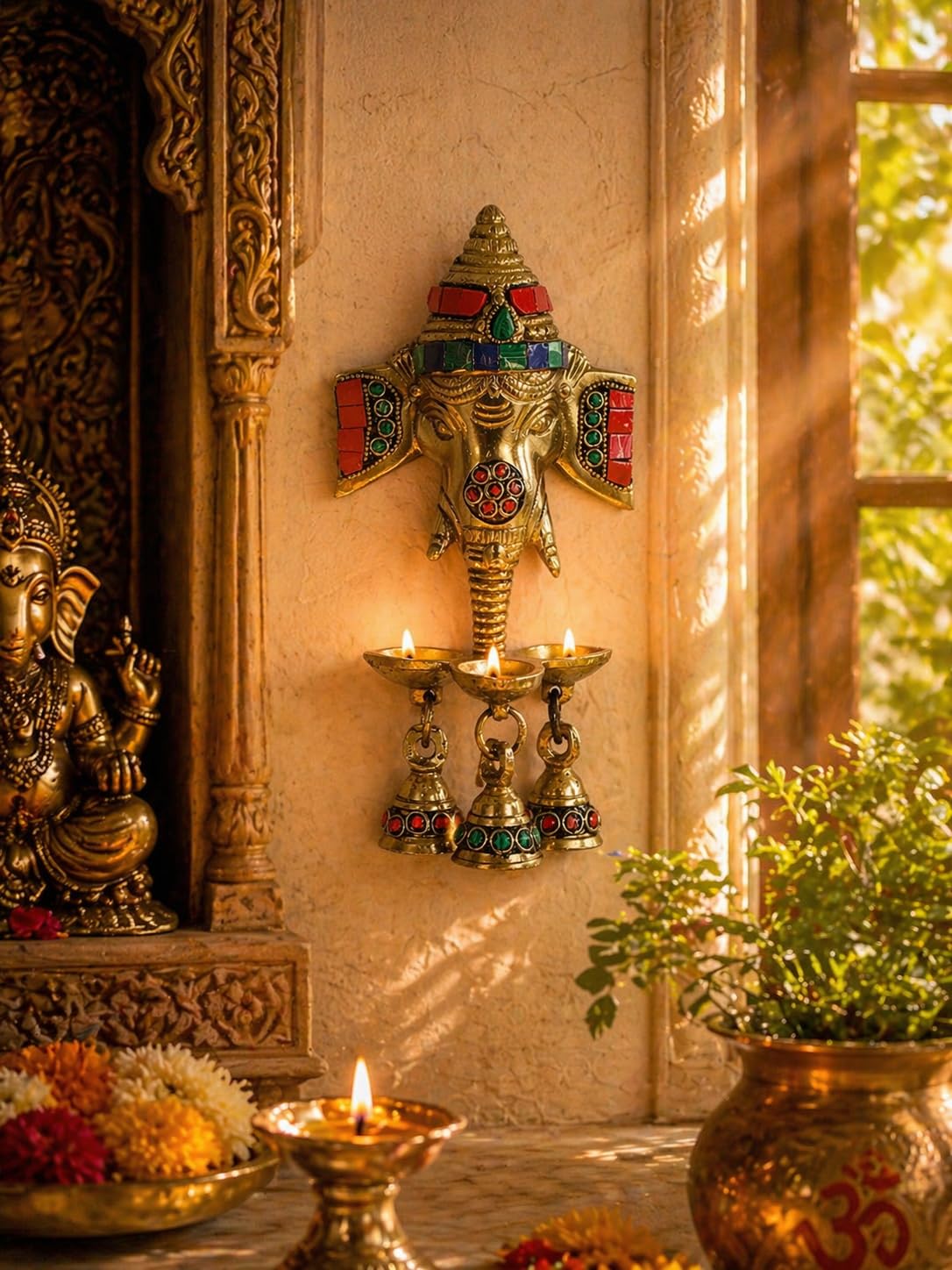 Two Moustaches Gemstone Work Brass Ganesha Wall Hanging Diya with Bells for Home Decor, Brass Hanging Diyas Oil Lamp, Diwali Gifts, Diyas for Diwali, Ghanti for Pooja, Temple Decor, Pack of 1-image-21