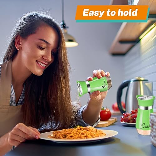 Miniatura 7 de Juego de saleros y pimenteros, coctelera de sal y pimienta con fondo de vidrio de 4 onzas con tapa de acero inoxidable para mesa de cocina,