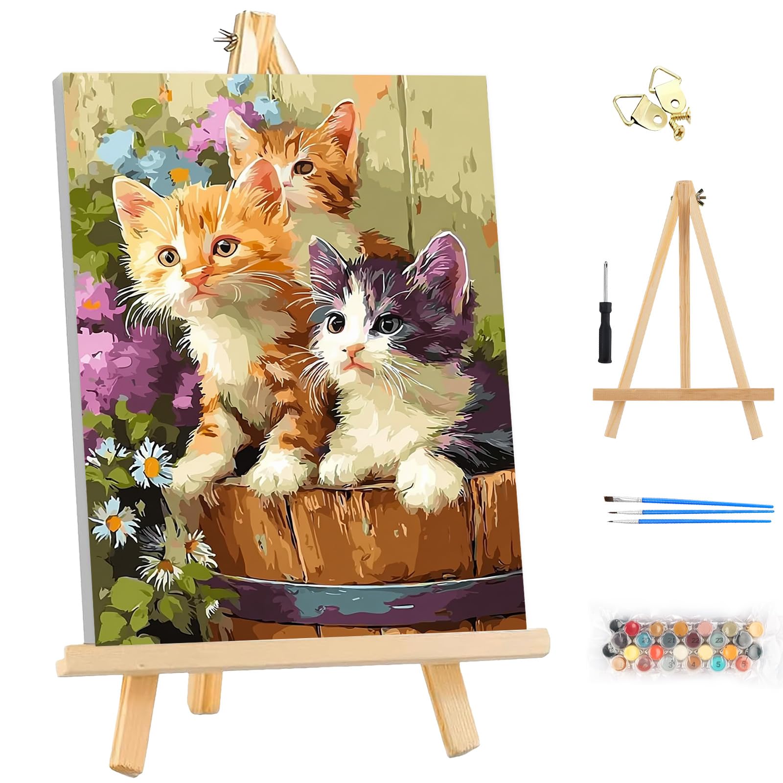 MEIYUDA DIY Paint by Numbers for Adults with Frame & Wooden Easel, Several Cats Paint by Numbers Kits, Arts and Crafts for Beginner, Drawing Paintwork Wall Art 25x35cm