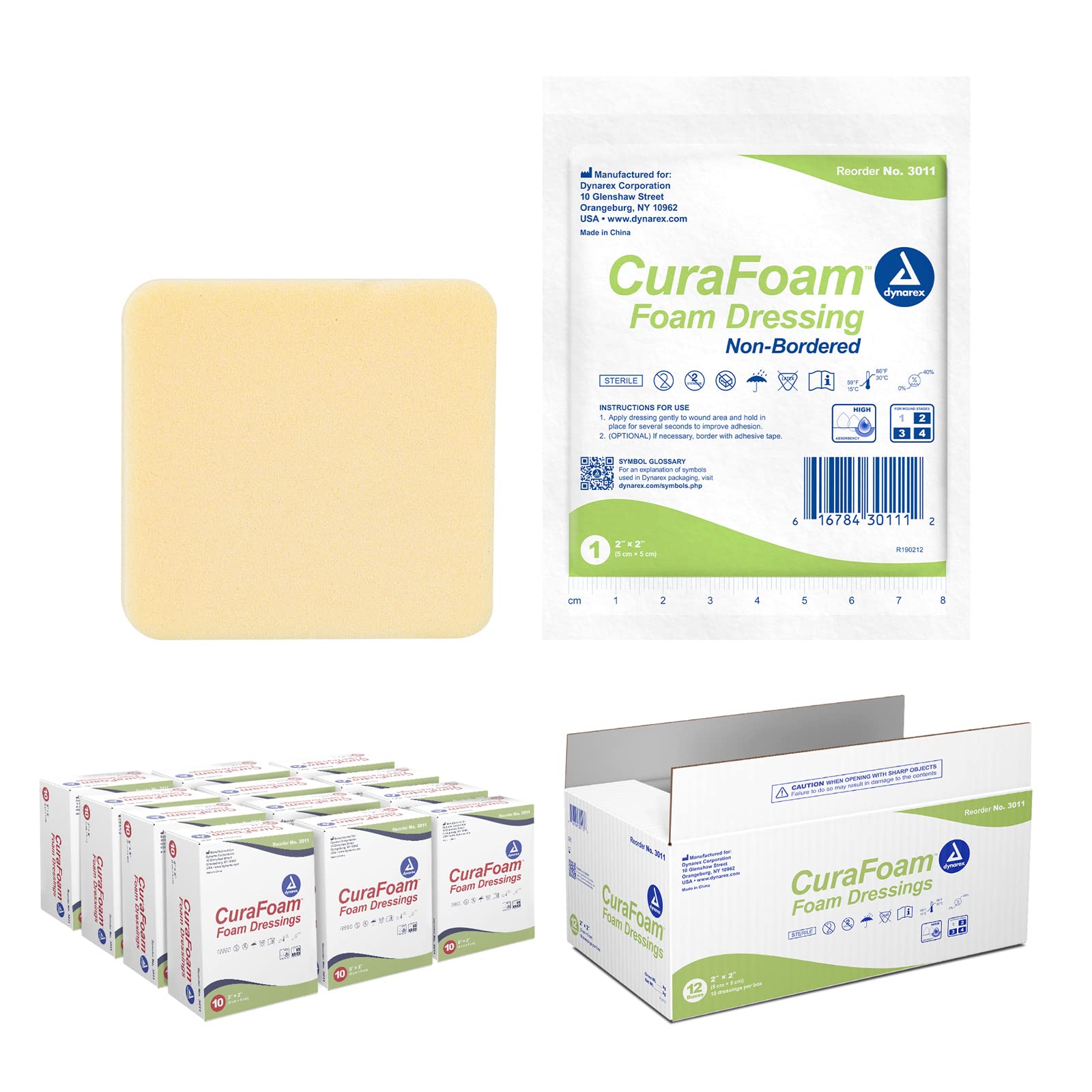 Dynarex CuraFoam Foam Dressings, Non-Bordered, Sterile, Provides Cushioned and Moist Wound Care, Used for Medium to Heavy Exuding Wounds, 2" x 2", 1 Case of 120 CuraFoam Dressings (12 Boxes of 10)