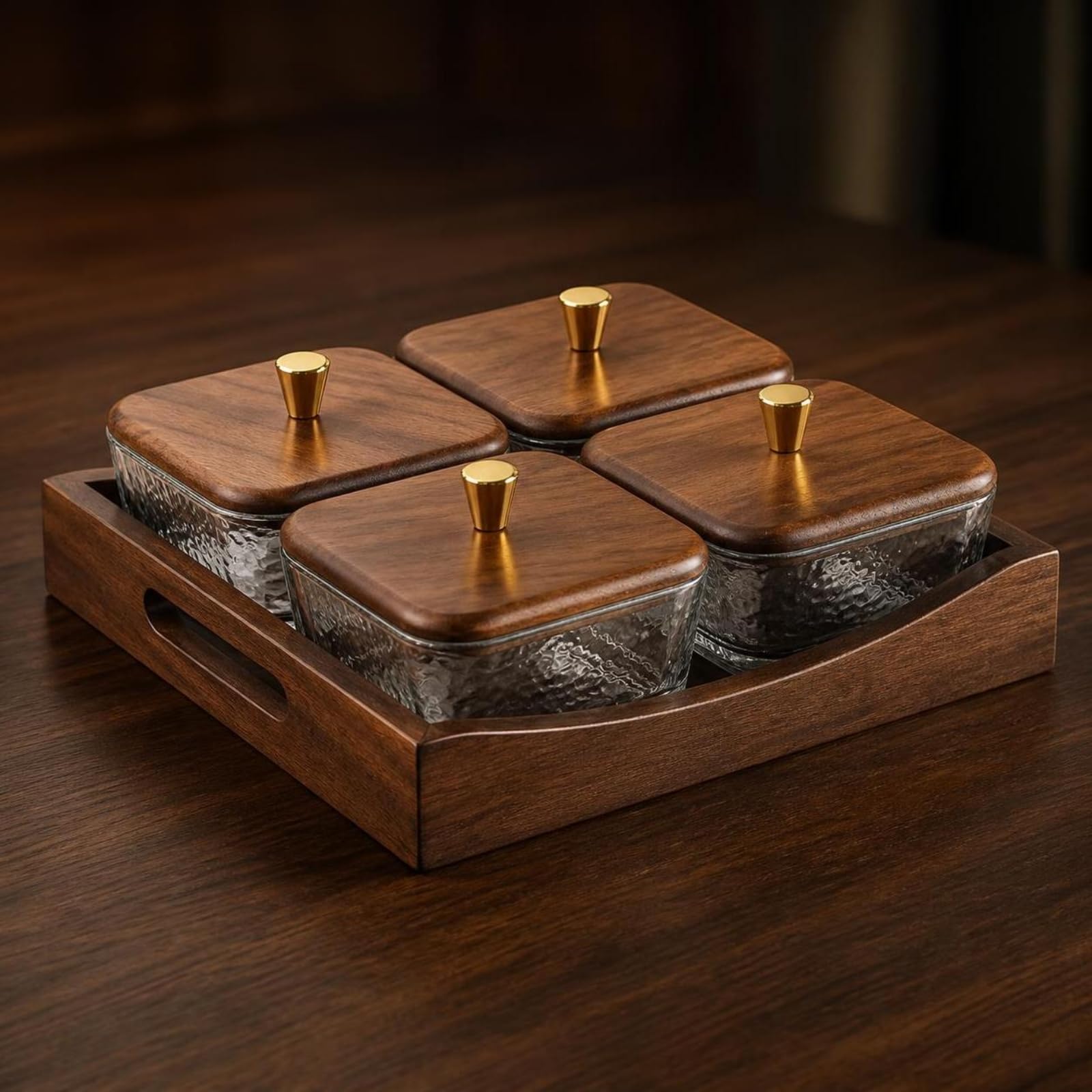 Plateau à Collation avec Coupelles Verre, Style Chinois Rétro, Plateau Rectangulaire À Quatre Compartiments Carrés Avec Coupelle En Verre Et Couvercles En Bois, color to 2