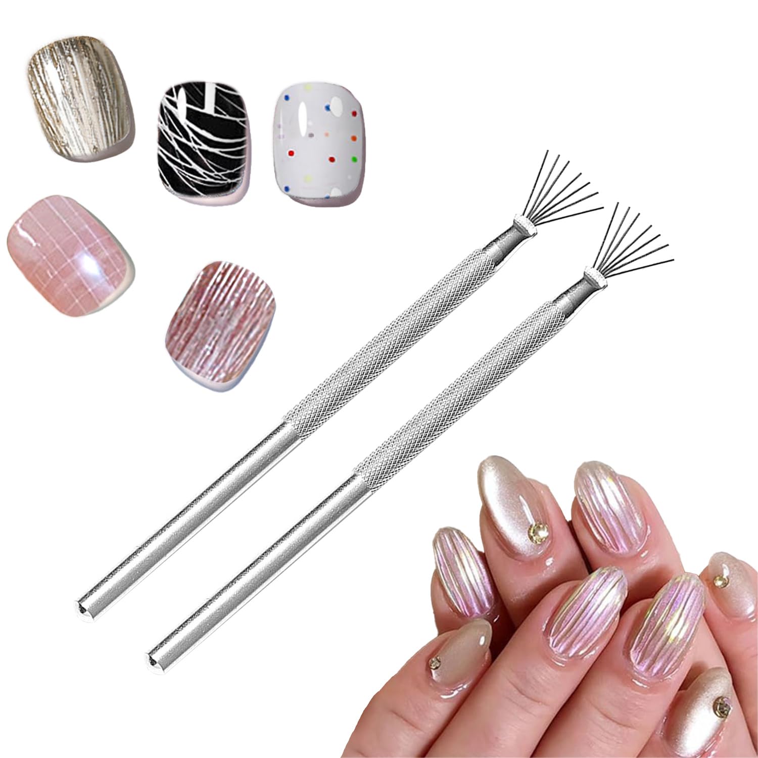 2 pezzi in acciaio inox righe linee Nail Art penne linea strumento di pittura multifunzionale 7 pin Nail Art strumento antiscivolo maniglia design linea pennello nail art