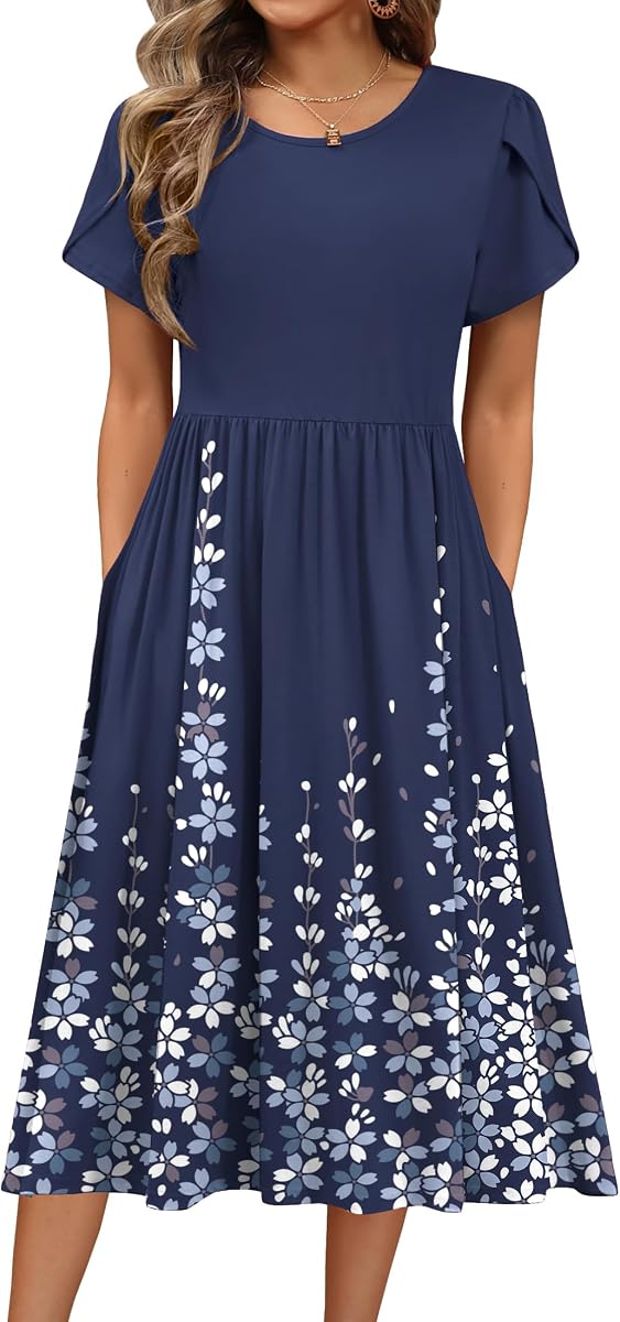 Women's Summer A-Line Midi Dresses 2026 Casual Floral Short Sleeve T-Shirt Dress Flowy Beach Sundress with Pockets
