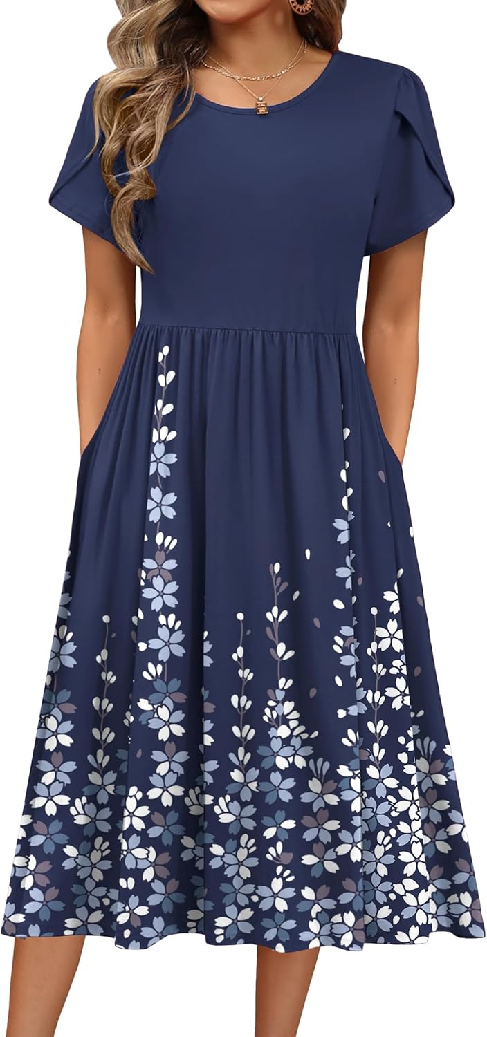 HOTOUCH Women's Summer A-Line Midi Dresses 2026 Casual Floral Short Sleeve T-Shirt Dress Flowy Beach Sundress with Pockets