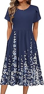 Women's Summer A-Line Midi Dresses 2026 Casual Floral Short Sleeve T-Shirt Dress Flowy Beach Sundress with Pockets