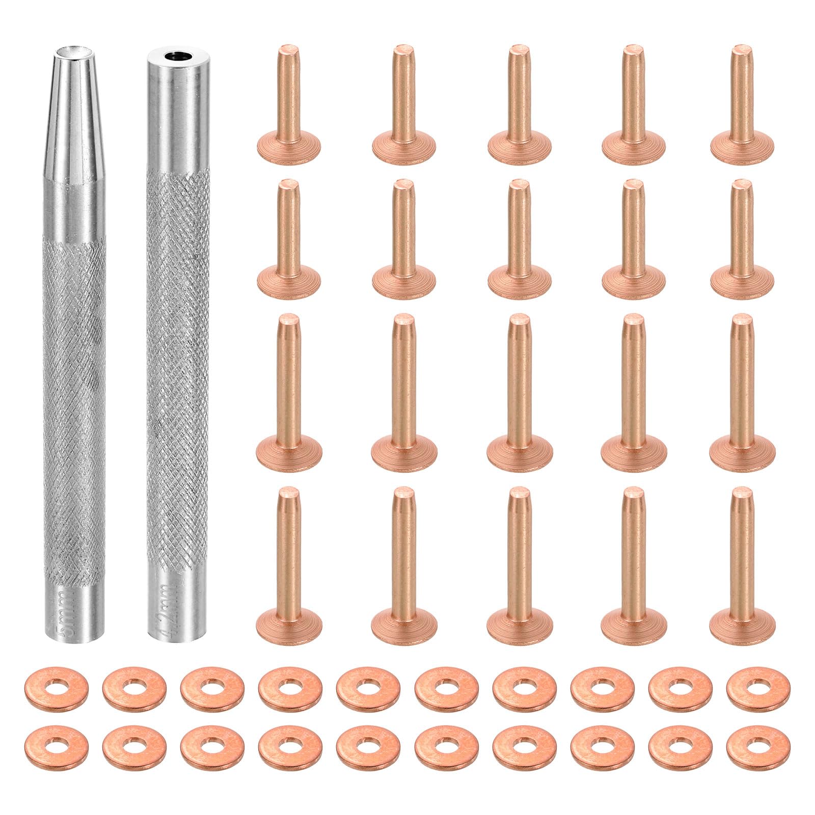 QUARKZMAN Set of 20 Copper Rivets and Washers 9 x 3.3 x 14 mm and 9 x 3.3 x 19 mm Solid Leather Copper Rivet Fastener with Riveting Tool for Leather DIY Craft Supplies Copper Colour