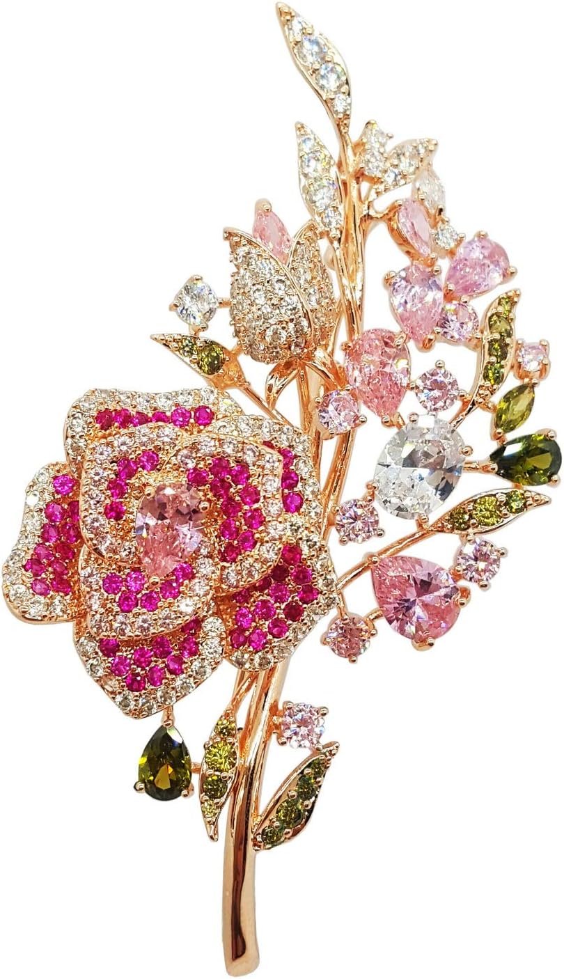Brooches for Women Flower Pink Austrian Crystal Blooming Camellia Rose Floral Leaf Designs Clothing Accessory Pins