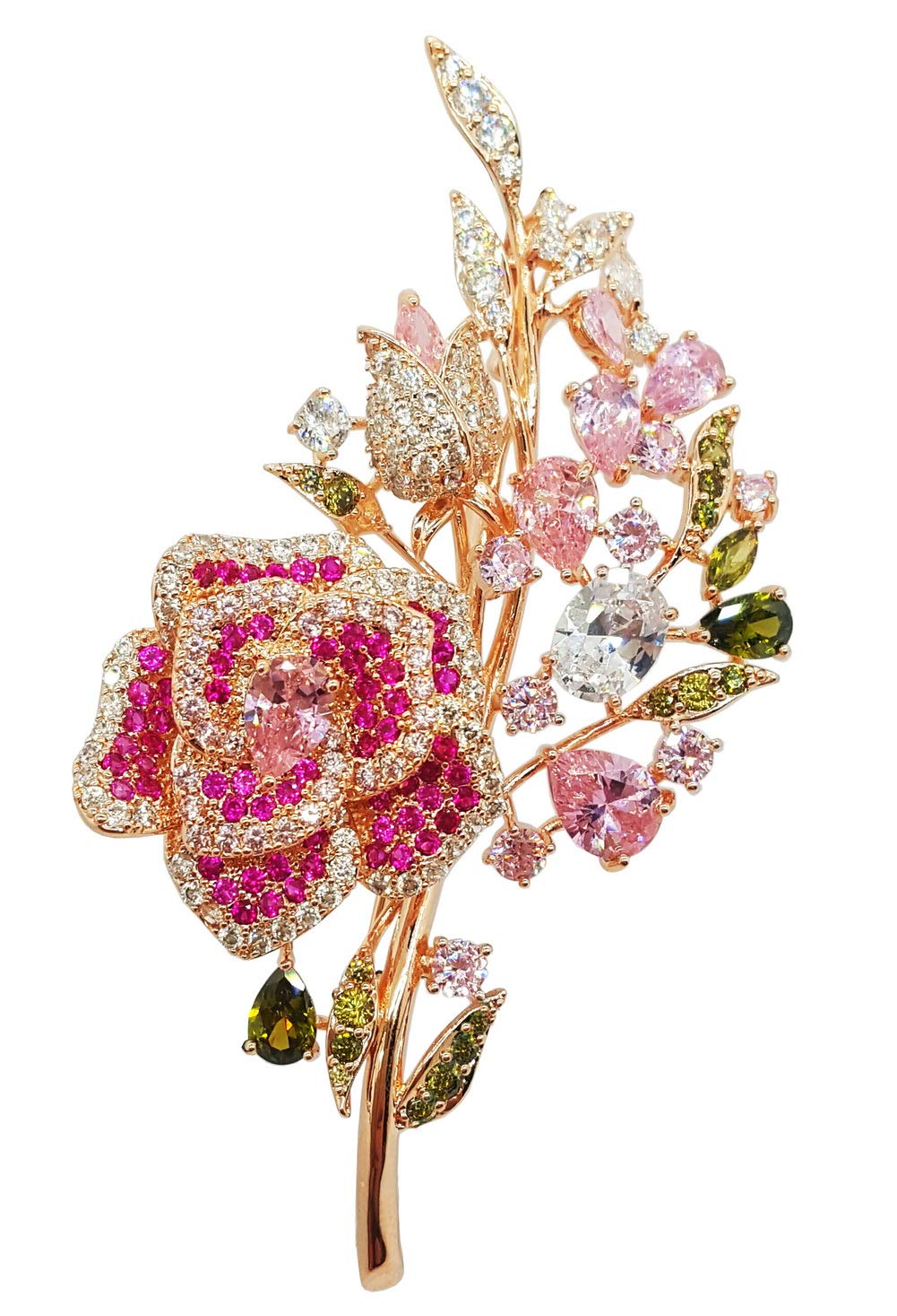 Newvision1981Brooches for Women Flower Pink Austrian Crystal Blooming Camellia Rose Floral Leaf Designs Clothing Accessory Pins