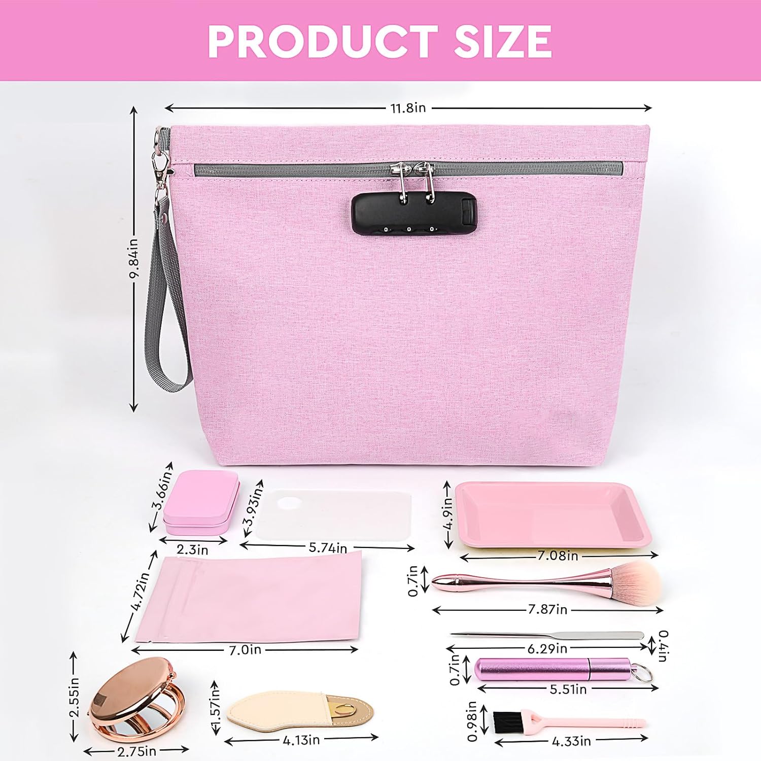 Pink Medium Size Smell Proof Bag with 10 PCS Small Accessories, Water-Resistant Cosmetic Pouch with Combination Lock, Premium Organizers Storage Case, Great Gift for Women.