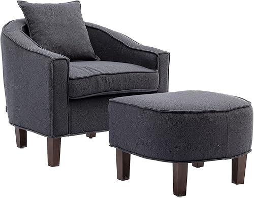 QQU Sofá decorativo con otomana, tela de lino o microgamuza, moderna silla de barril con patas de hierro y brazos redondos, silla tapizada para sala