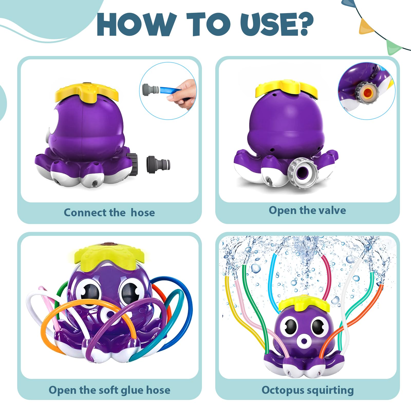 Aspersor de Agua para niños,con boquillas giratorias,Juegos de aspersores,Juguete de Rociador,para Patio Trasero, CéSped,Juegos de Agua para Niños Exterior.(Pulpo Morado)