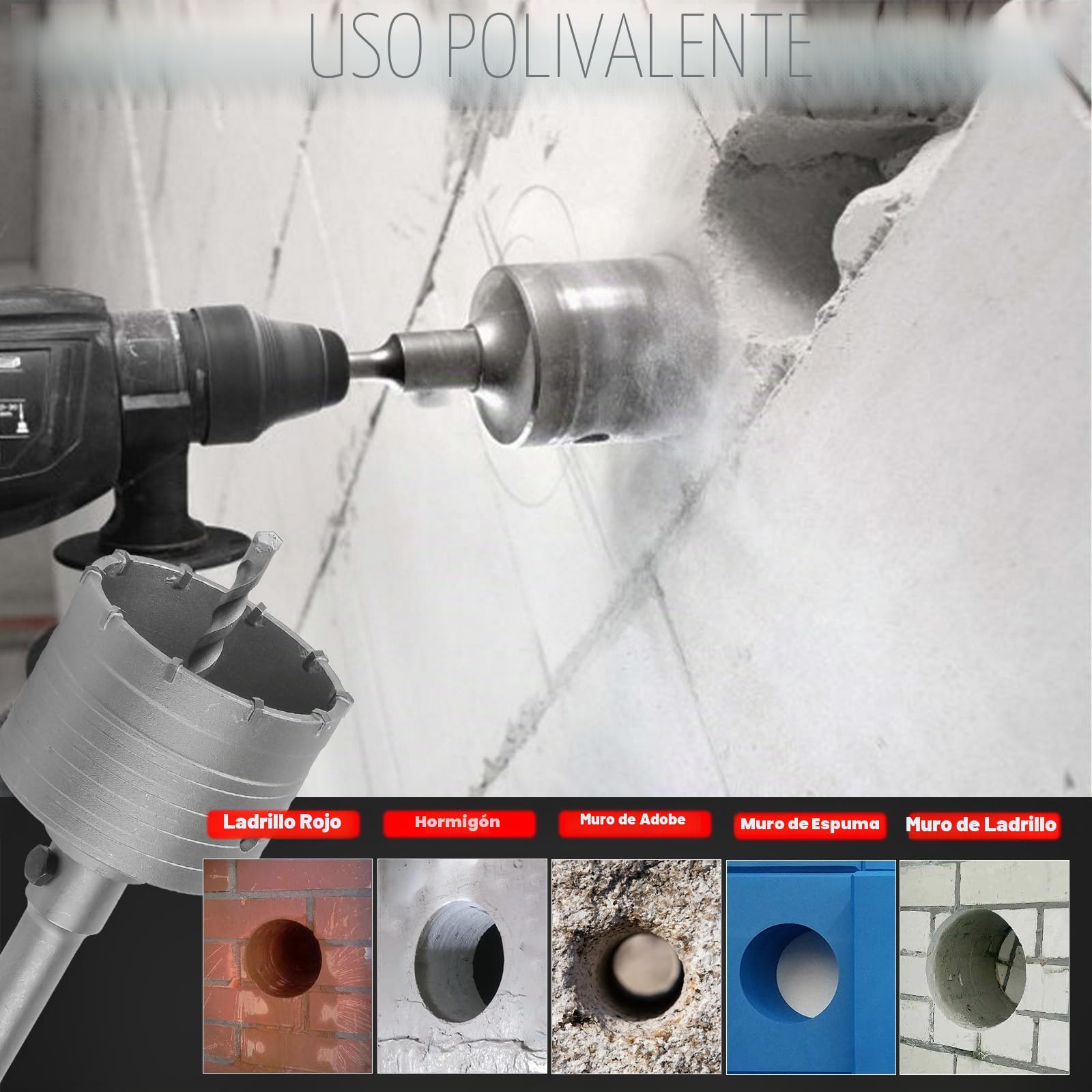 ZKH Juego de 9 Sierra Corona Perforadora, diámetro de 30–100 mm, broca para latas con 2 taladros previos, broca para enchufe con 300 mm SDS-Plus y SDS-Max, para martillos perforadores