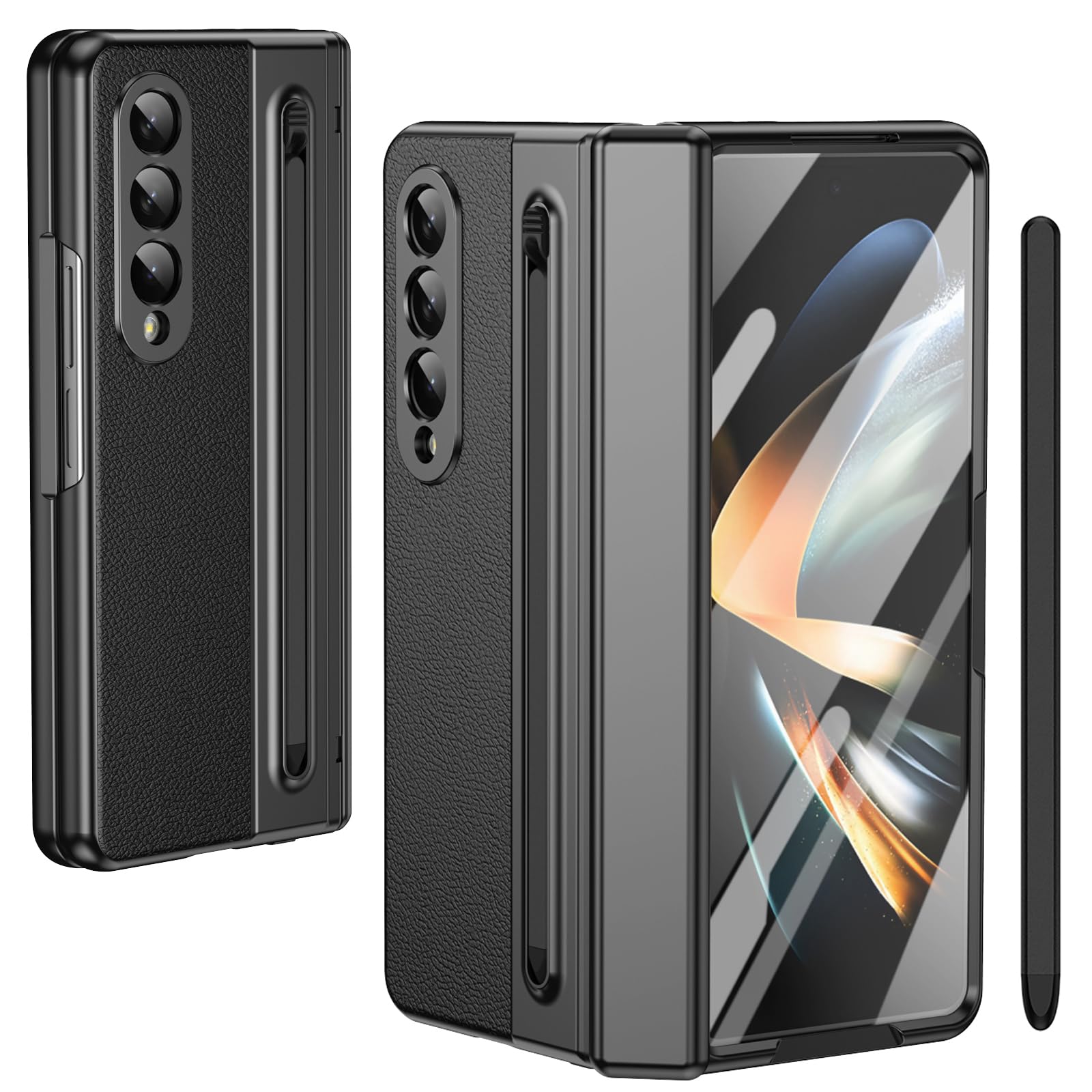 per Galaxy Z Fold4 Custodia con Penna e Slot per Penna, Pellicola Protettiva in Vetro Temperato + Protezione Cerniera Cover in Pelle per Samsung Galaxy Z Fold4-Nero