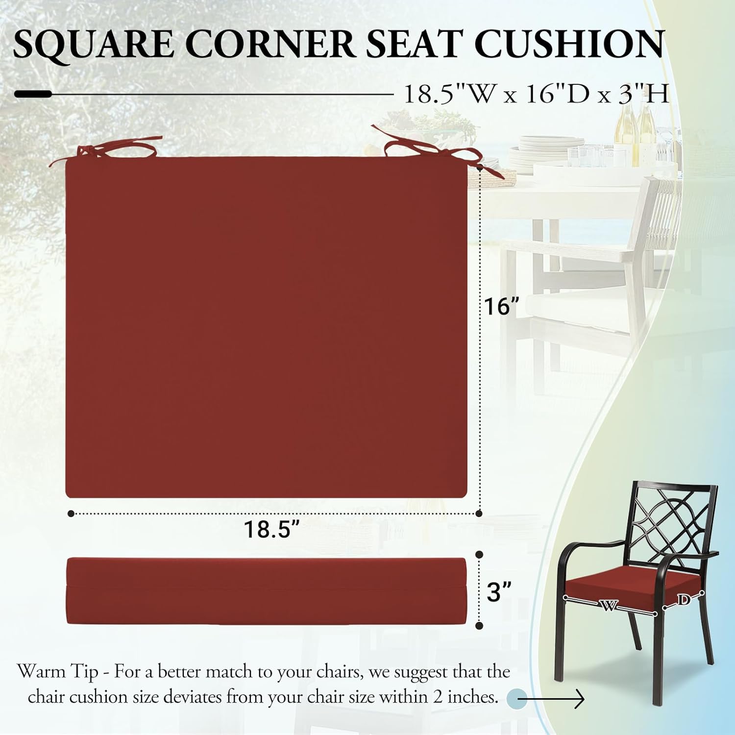 wellsin outdoor chair cushions for patio furniture, 3-year color fastness patio chair cushions set of 4, water resistant square corner outdoor seat cushions 18.5"x16"x3", brick red 18.5"x16"x3"(pack of 4) solid color/ brick red